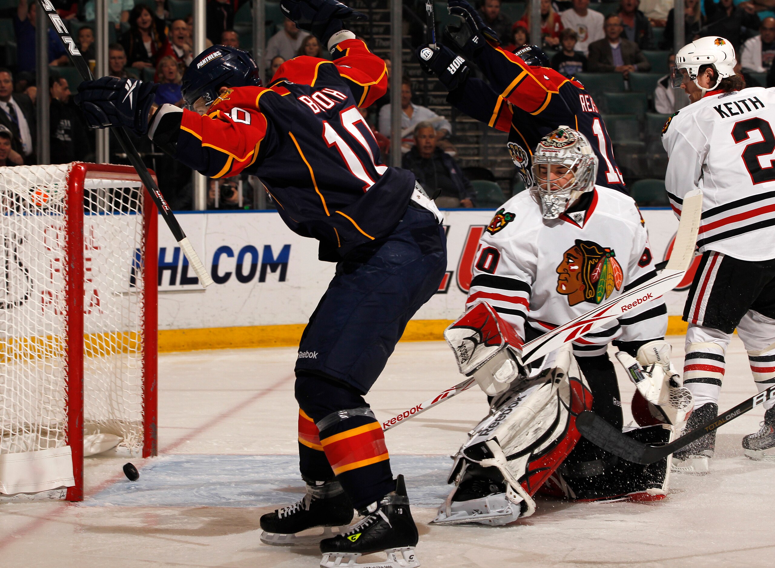 SUNRISE, FL - MARCH 8: David Booth #10 of the Florida Panthers watches as his shot scores past goaltender Corey Crawford #5 of the Chicago Blackhawks in the first period on March 8, 2011 at the BankAtlantic Center in Sunrise, Florida. (Photo by Joel Auerb