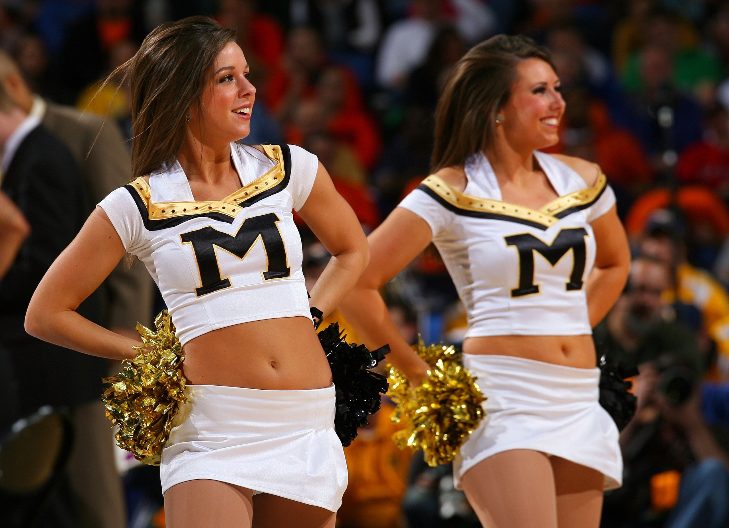 BUFFALO, NY - MARCH 21:  Cheerleaders for the Missouri Tigers perform during a timeout against the West Virginia Mountaineers during the second round of the 2010 NCAA men's basketball tournament at HSBC Arena at HSBC Arena on March 21, 2010 in Buffalo, Ne