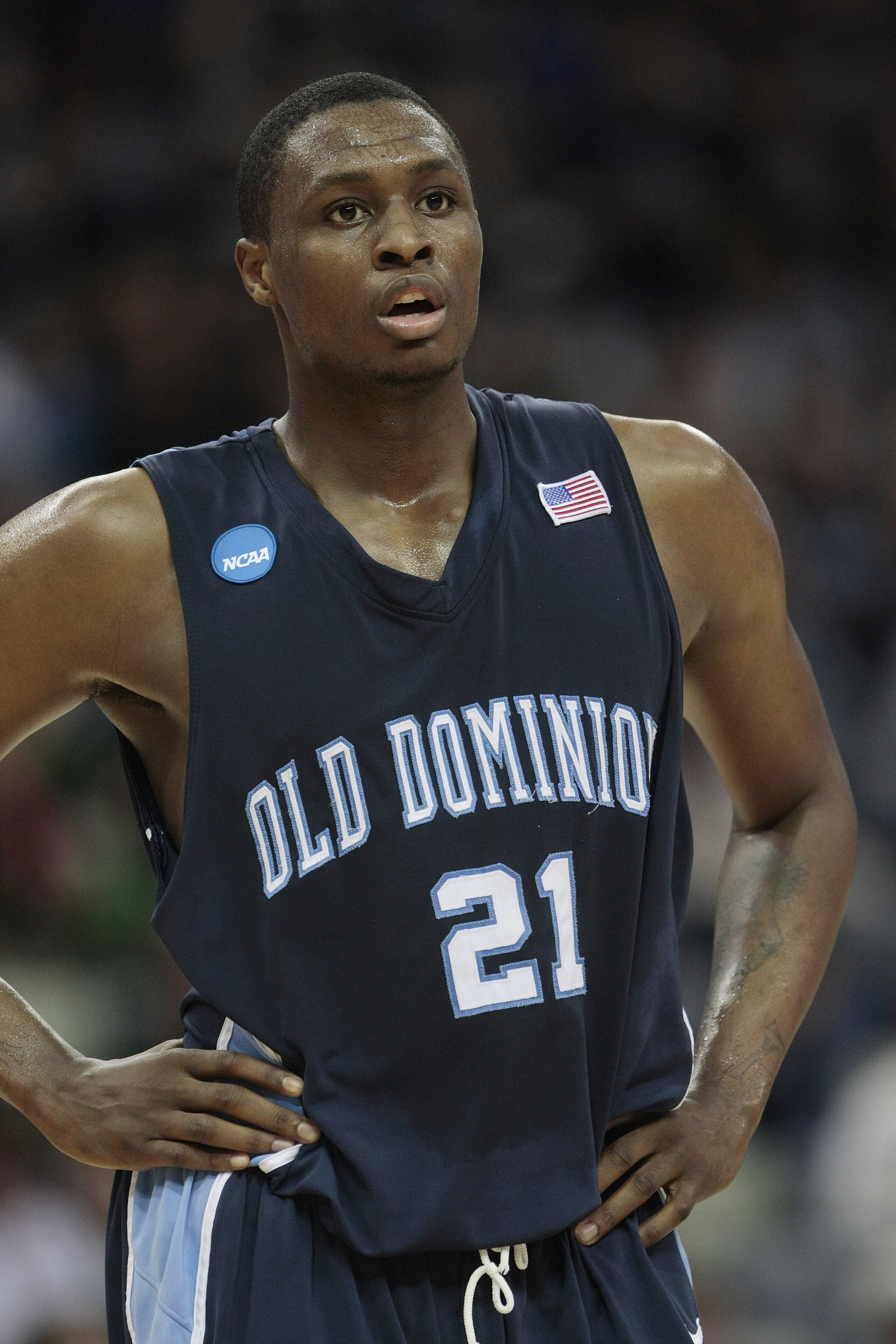 NEW ORLEANS - MARCH 20:  Frank Hassell #21 of the Old Dominion Monarchs reacts during the second round of the 2010 NCAA men's basketball tournament at the New Orleans Arena on March 20, 2010 in New Orleans, Louisiana.  (Photo by Dave Martin/Getty Images)