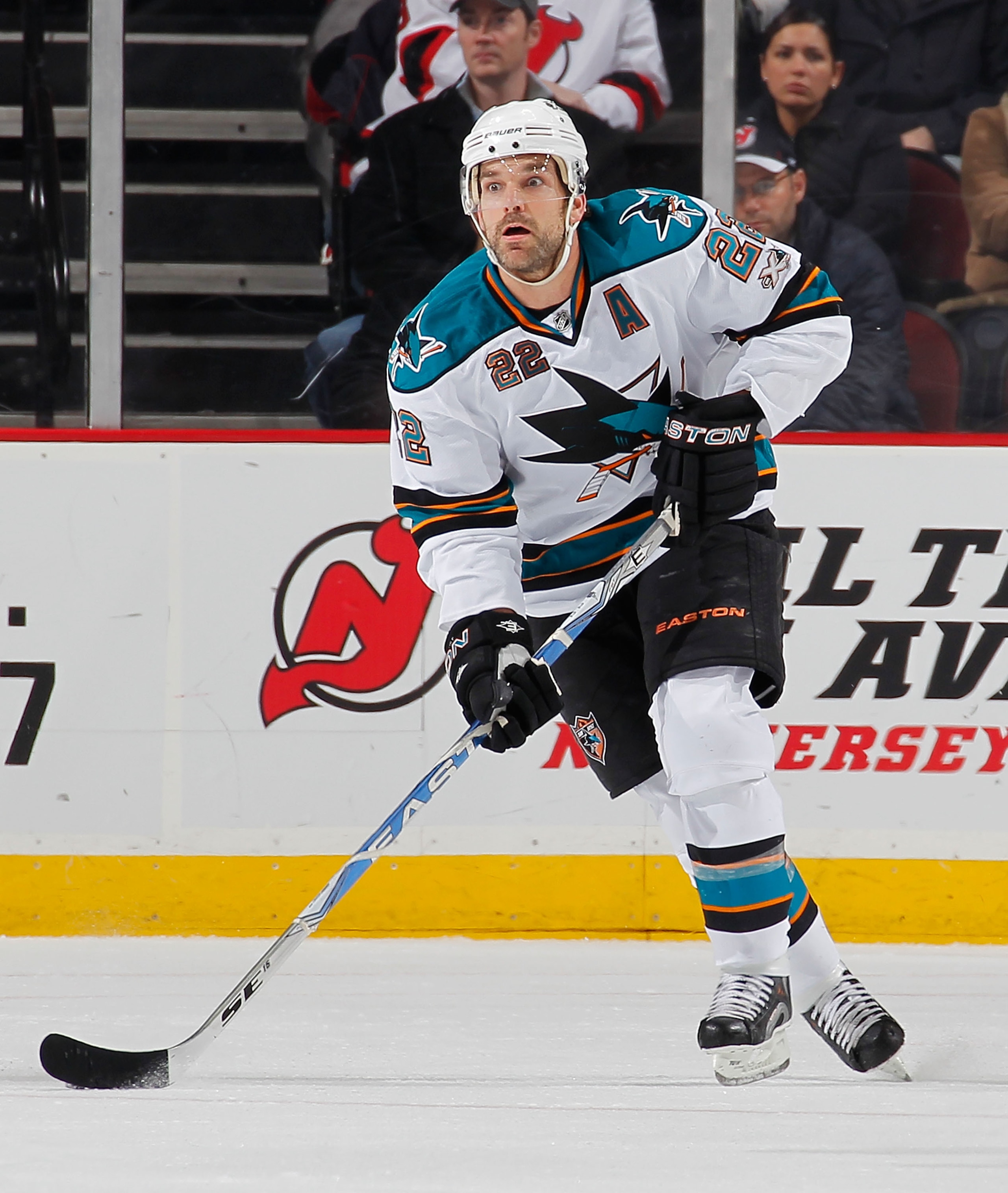 NEWARK, NJ - FEBRUARY 11: Dan Boyle #22 of the San Jose Sharks skates during an NHL hockey game against the New Jersey Devils on February 11, 2011 at the Prudential Center in Newark, New Jersey. (Photo by Paul Bereswill/Getty Images)