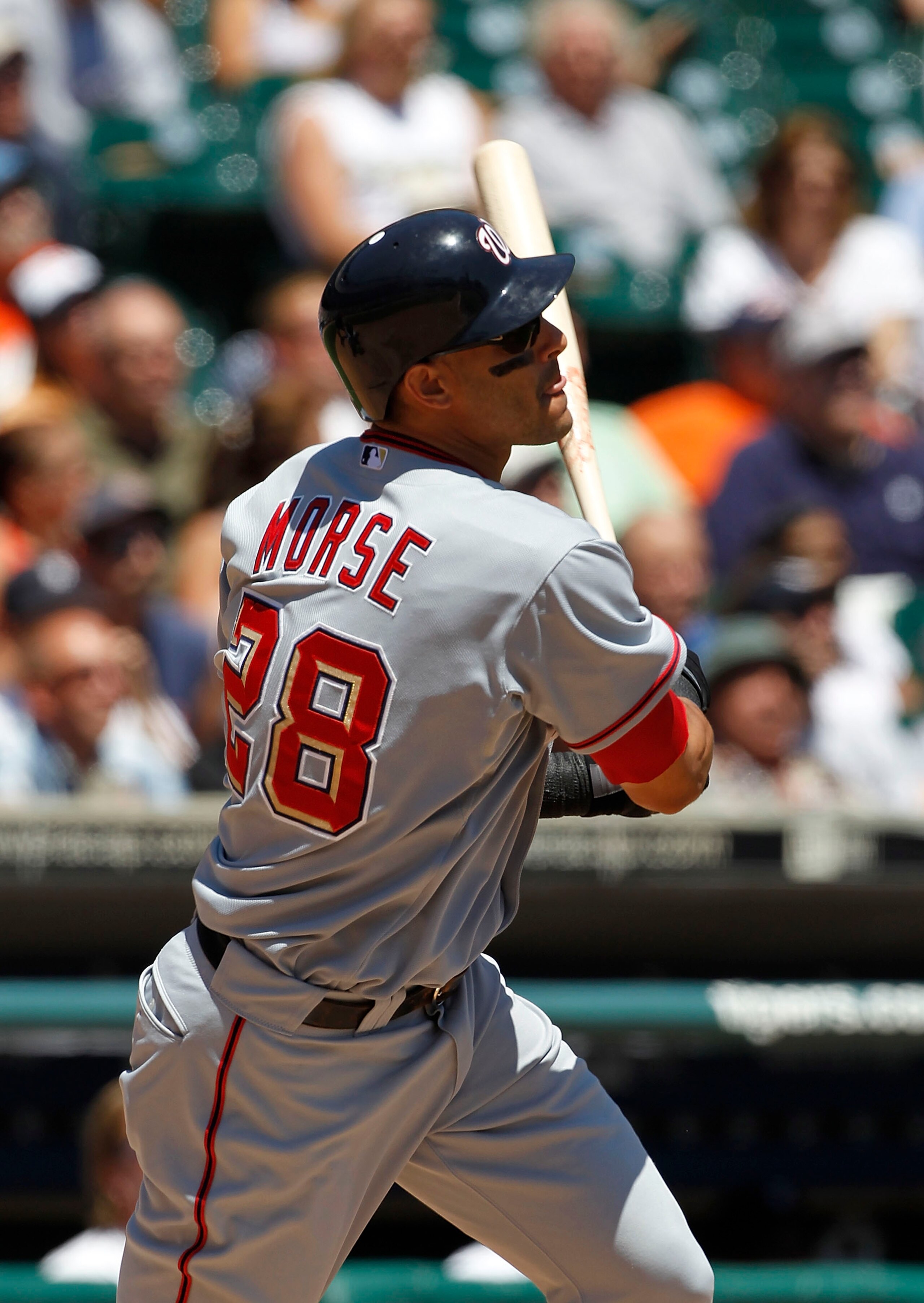 DETROIT - JUNE 17:  Michael Morse #28 of the Washington Nationals bats in the second inning during the game against the Detroit Tigers on June 17, 2010 at Comerica Park in Detroit, Michigan. The Tigers defeated the Nationals 8-3.  (Photo by Leon Halip/Get