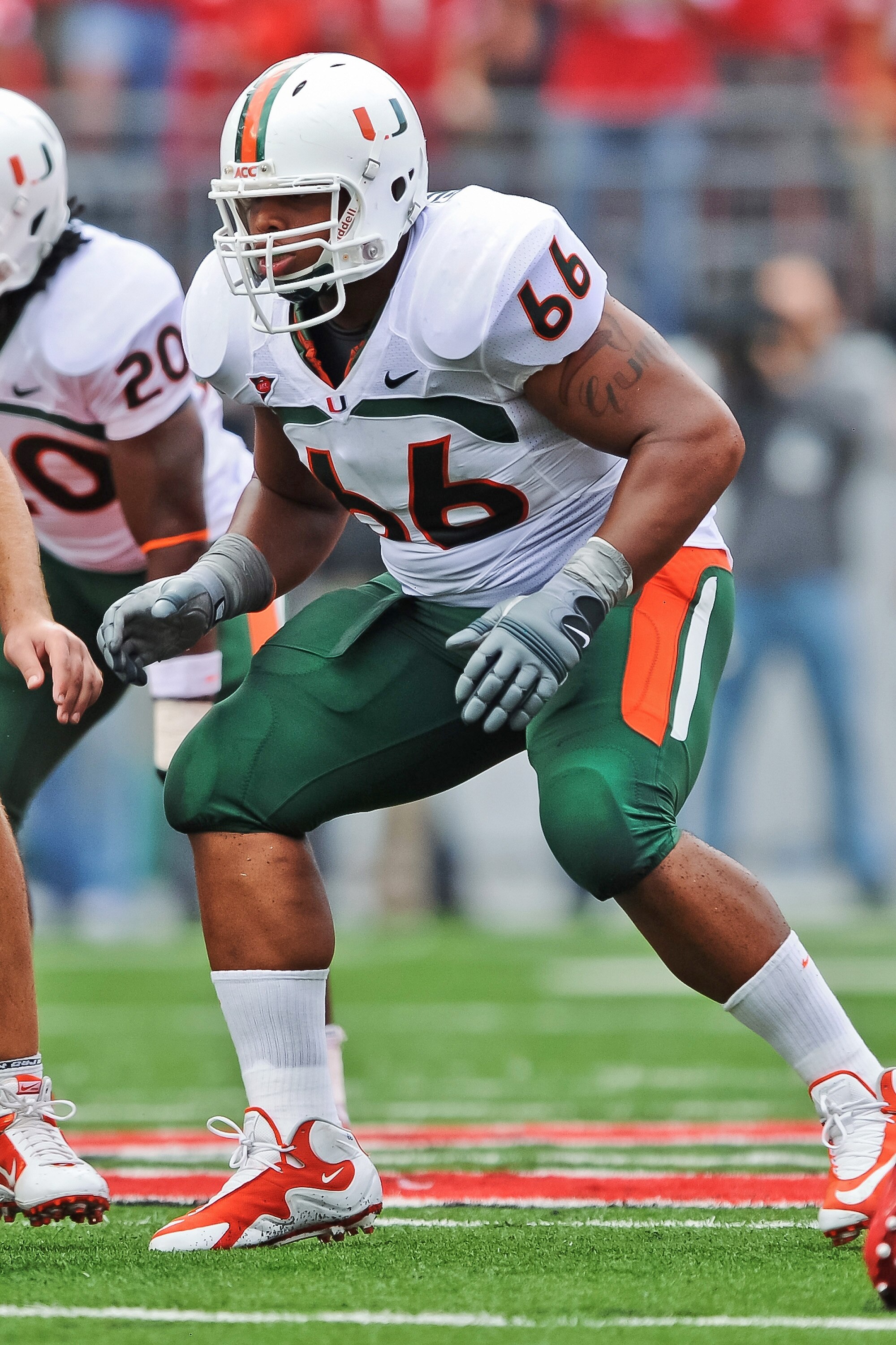 COLUMBUS, OH - SEPTEMBER 11:  Harland Gunn #66 of the Miami Hurricanes runs blocks against the Ohio State Buckeyes at Ohio Stadium on September 11, 2010 in Columbus, Ohio.  (Photo by Jamie Sabau/Getty Images)