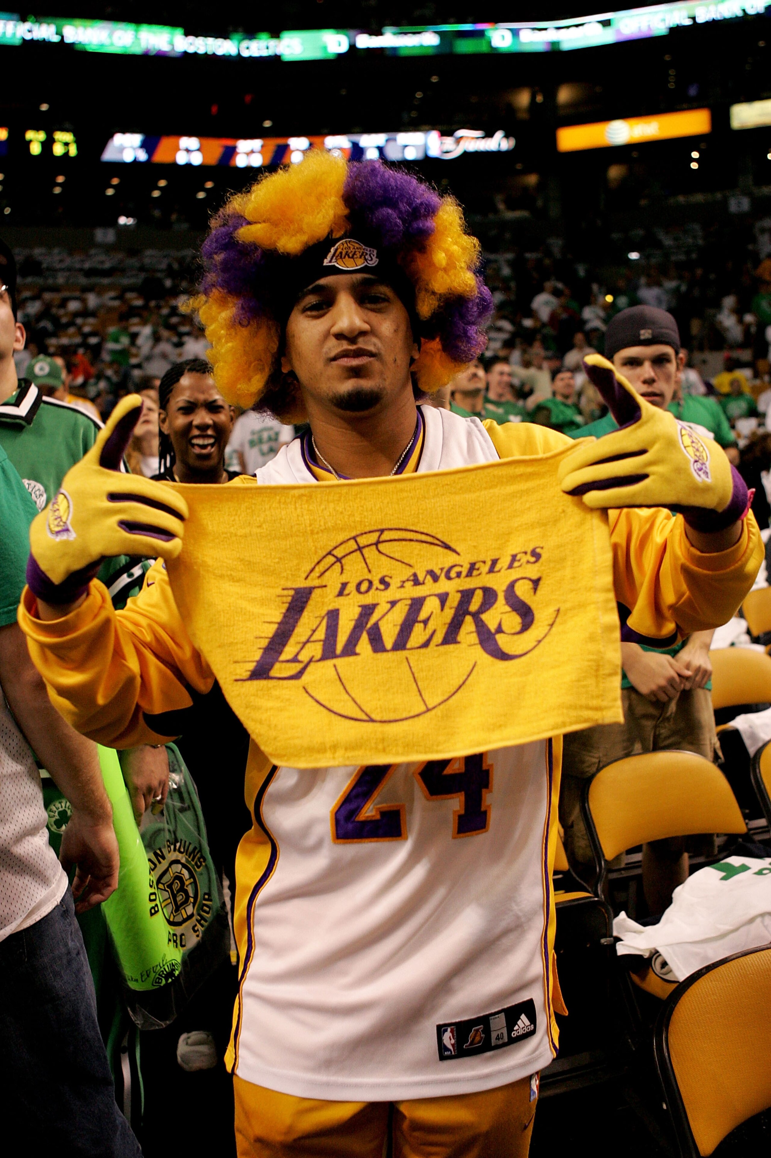 BOSTON - JUNE 05: A Los Angeles Laker fan attends Game One of the 2008 NBA Finals between the Lakes and the Boston Celtics on June 5, 2008 at TD Banknorth Garden in Boston, Massachusetts. NOTE TO USER: User expressly acknowledges and agrees that, by down BOSTON - JUNE 05: A Los Angeles Laker fan attends Game One of the 2008 NBA Finals between the Lakes and the Boston Celtics on June 5, 2008 at TD Banknorth Garden in Boston, Massachusetts. NOTE TO USER: User expressly acknowledges and agrees that, by down