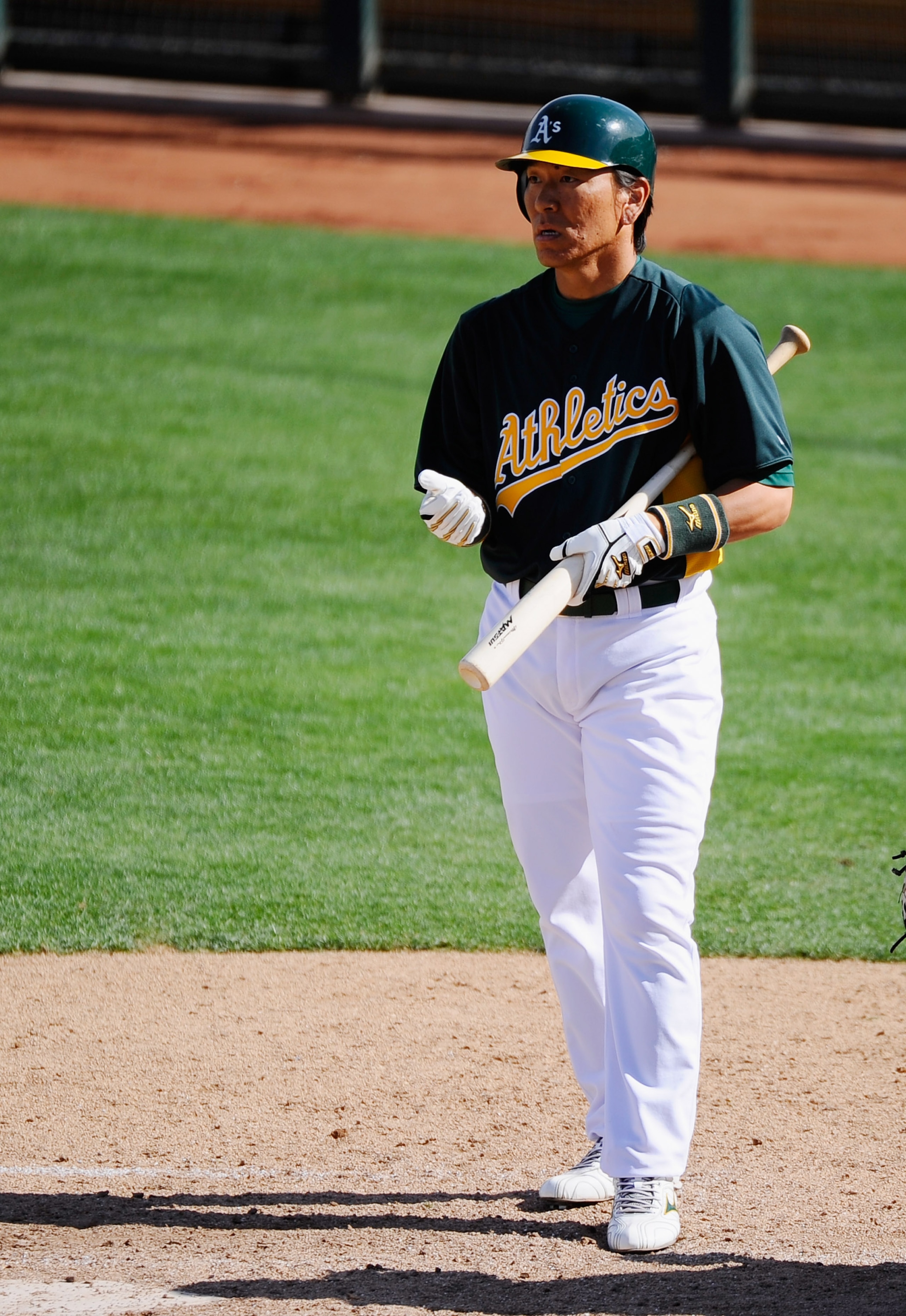 PHOENIX, AZ - MARCH 15:  Hideki Matsui #55 of the Oakland Athletics bats against the Chicago Cubs during the spring training baseball game at Phoenix Municipal Stadium on March 15, 2011 in Phoenix, Arizona.  (Photo by Kevork Djansezian/Getty Images)