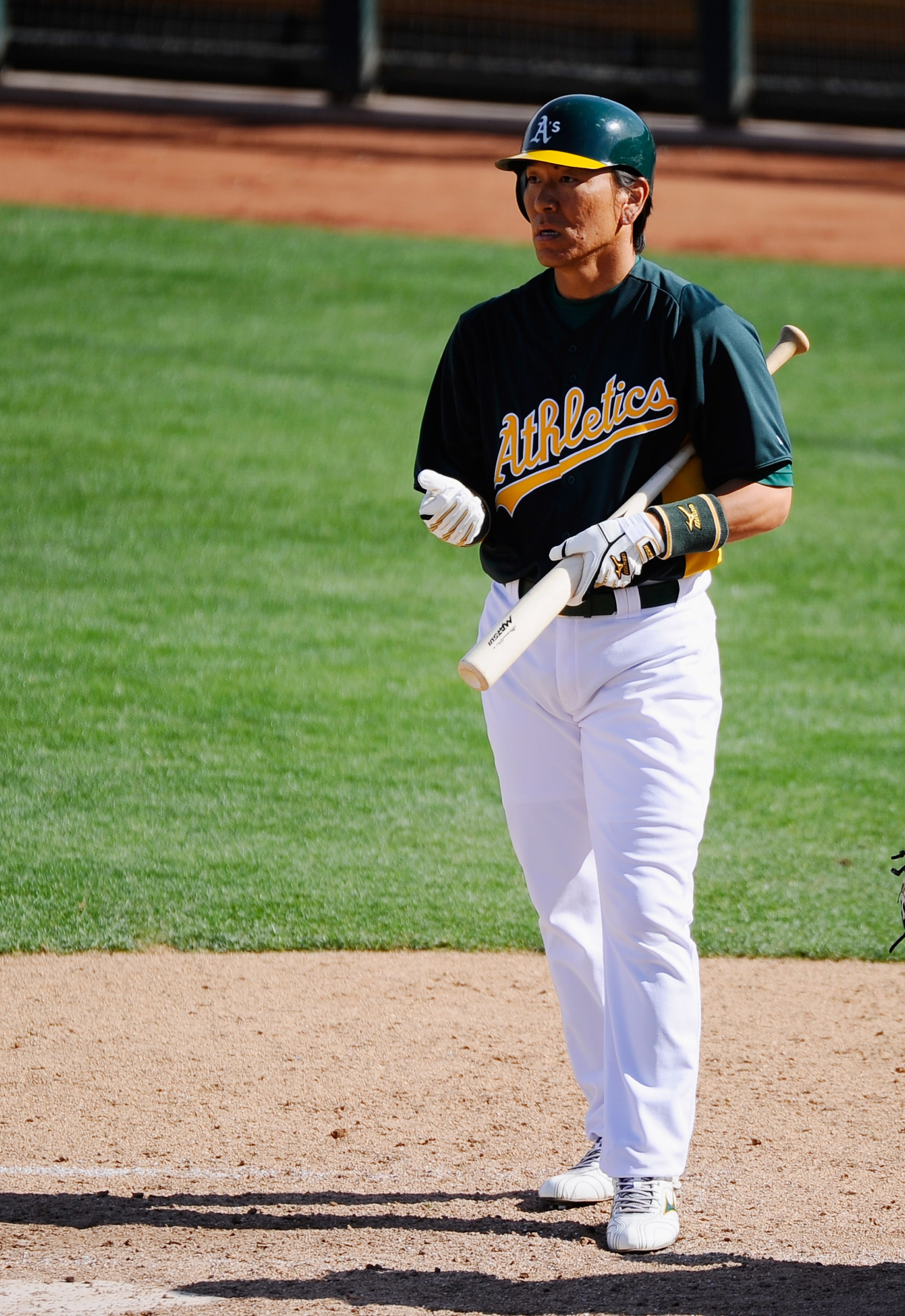 PHOENIX, AZ - MARCH 15: Hideki Matsui #55 of the Oakland Athletics bats against the Chicago Cubs during the spring training baseball game at Phoenix Municipal Stadium on March 15, 2011 in Phoenix, Arizona. (Photo by Kevork Djansezian/Getty Images) PHOENIX, AZ - MARCH 15: Hideki Matsui #55 of the Oakland Athletics bats against the Chicago Cubs during the spring training baseball game at Phoenix Municipal Stadium on March 15, 2011 in Phoenix, Arizona. (Photo by Kevork Djansezian/Getty Images)
