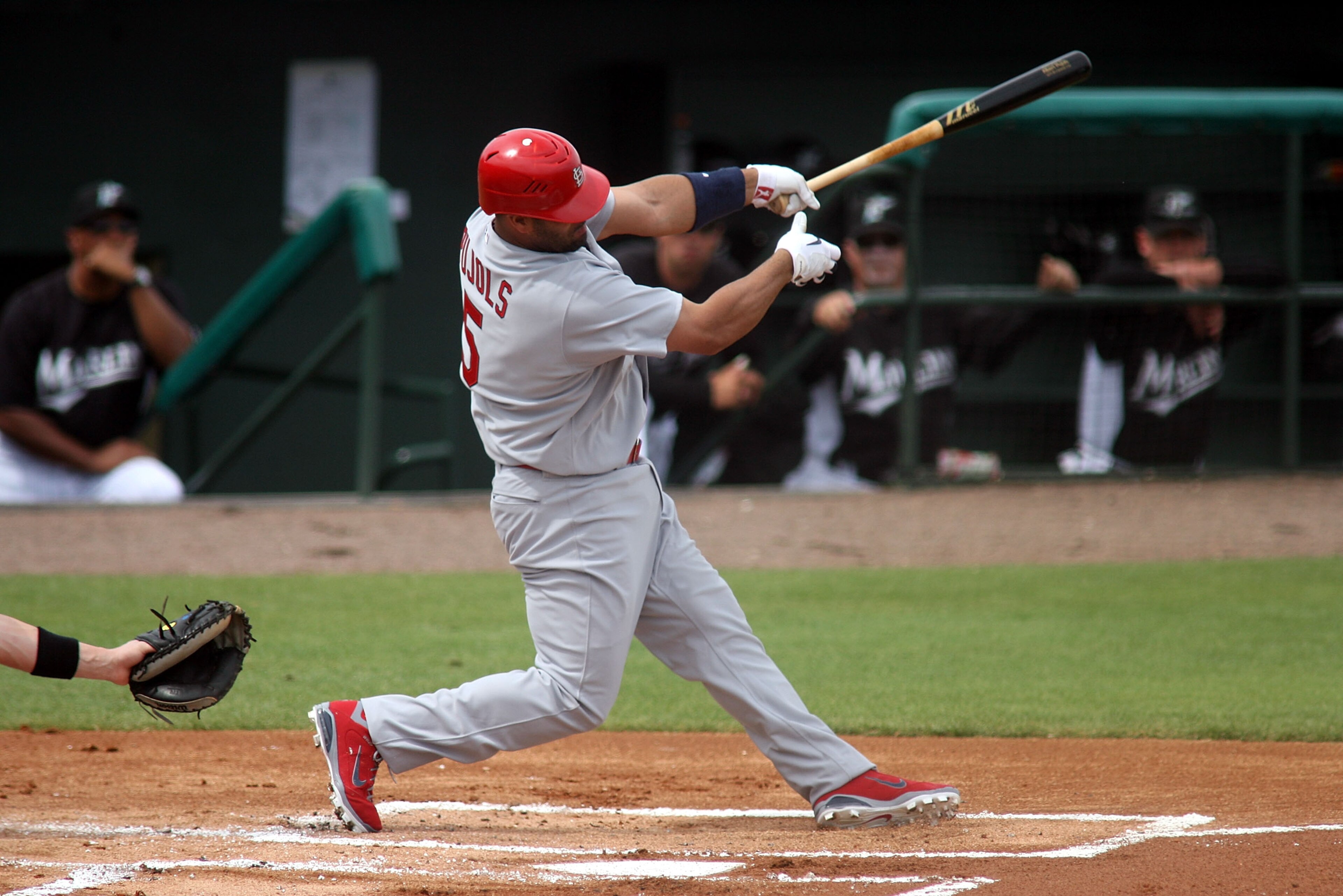 JUPITER, FL - MARCH 06: First baseman Albert Pujols #5 of the St. Louis Cardinals bats against the Florida Marlins at Roger Dean Stadium on March 6, 2011 in Jupiter, Florida. (Photo by Marc Serota/Getty Images) JUPITER, FL - MARCH 06: First baseman Albert Pujols #5 of the St. Louis Cardinals bats against the Florida Marlins at Roger Dean Stadium on March 6, 2011 in Jupiter, Florida. (Photo by Marc Serota/Getty Images)