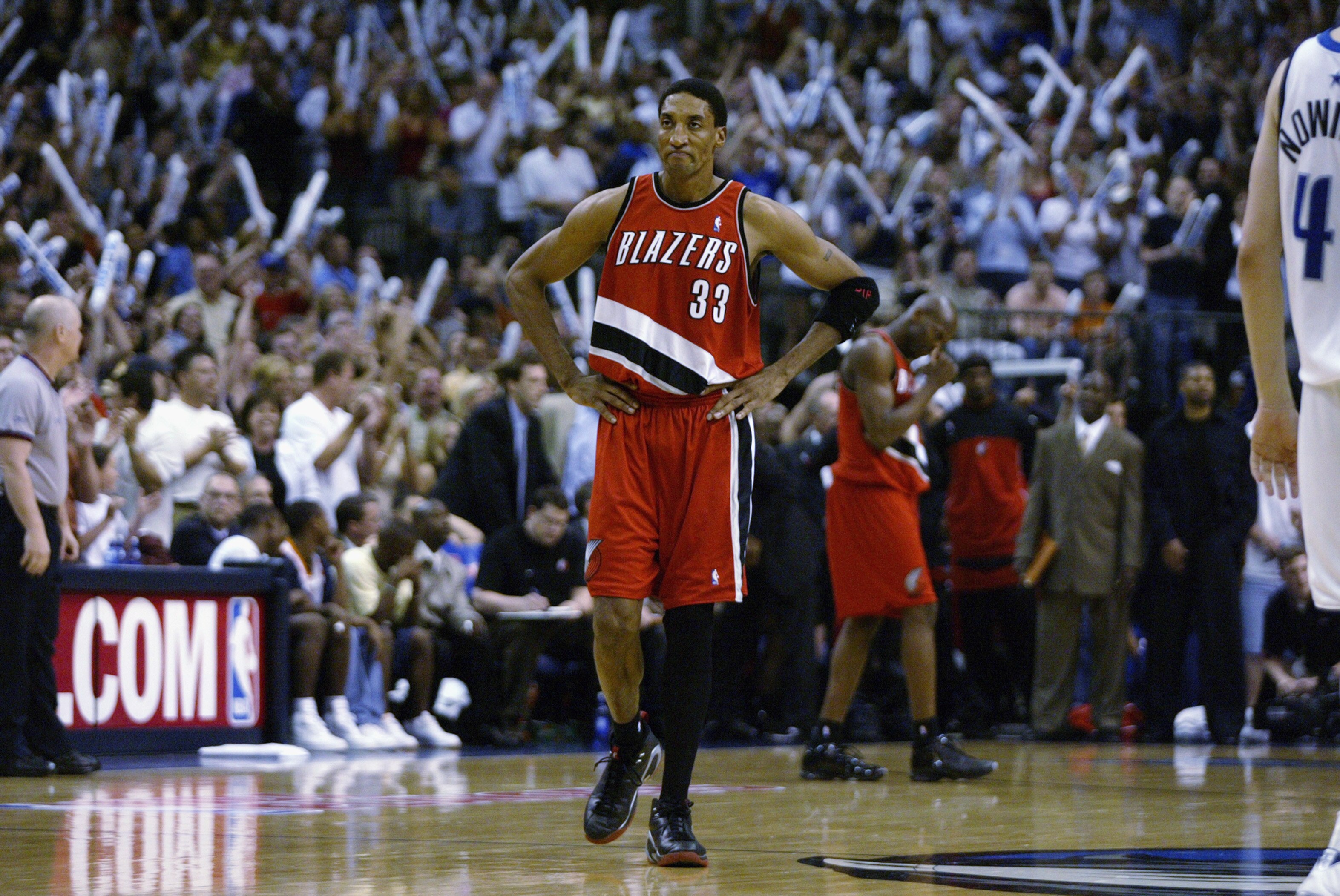 DALLAS - MAY 4:  Scottie Pippen #33 of the Portland Trail Blazers is upset in Game seven of the Western Conference Quarterfinals against the Dallas Mavericks during the 2003 NBA Playoffs at American Airlines Center on May 5, 2003 in Dallas, Texas.  The Ma