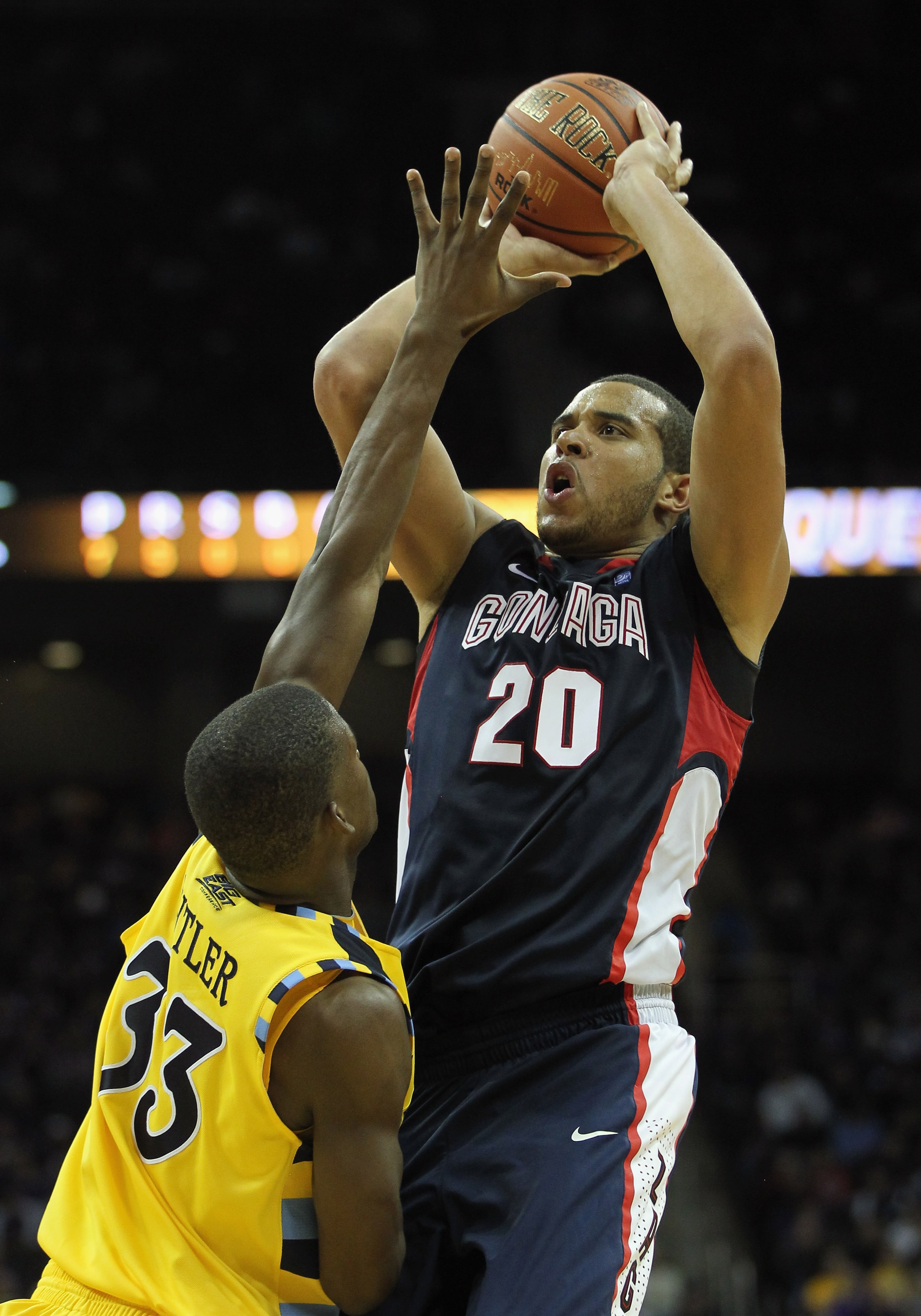 KANSAS CITY, MO - NOVEMBER 23: Elias Harris #20 of the Gonzaga Bulldogs shoots over Jimmy Butler #33 of the Marquette Golden Eagles during the CBE Classic consolation game on November 23, 2010 at the Sprint Center in Kansas City, Missouri. (Photo by Jam KANSAS CITY, MO - NOVEMBER 23: Elias Harris #20 of the Gonzaga Bulldogs shoots over Jimmy Butler #33 of the Marquette Golden Eagles during the CBE Classic consolation game on November 23, 2010 at the Sprint Center in Kansas City, Missouri. (Photo by Jam