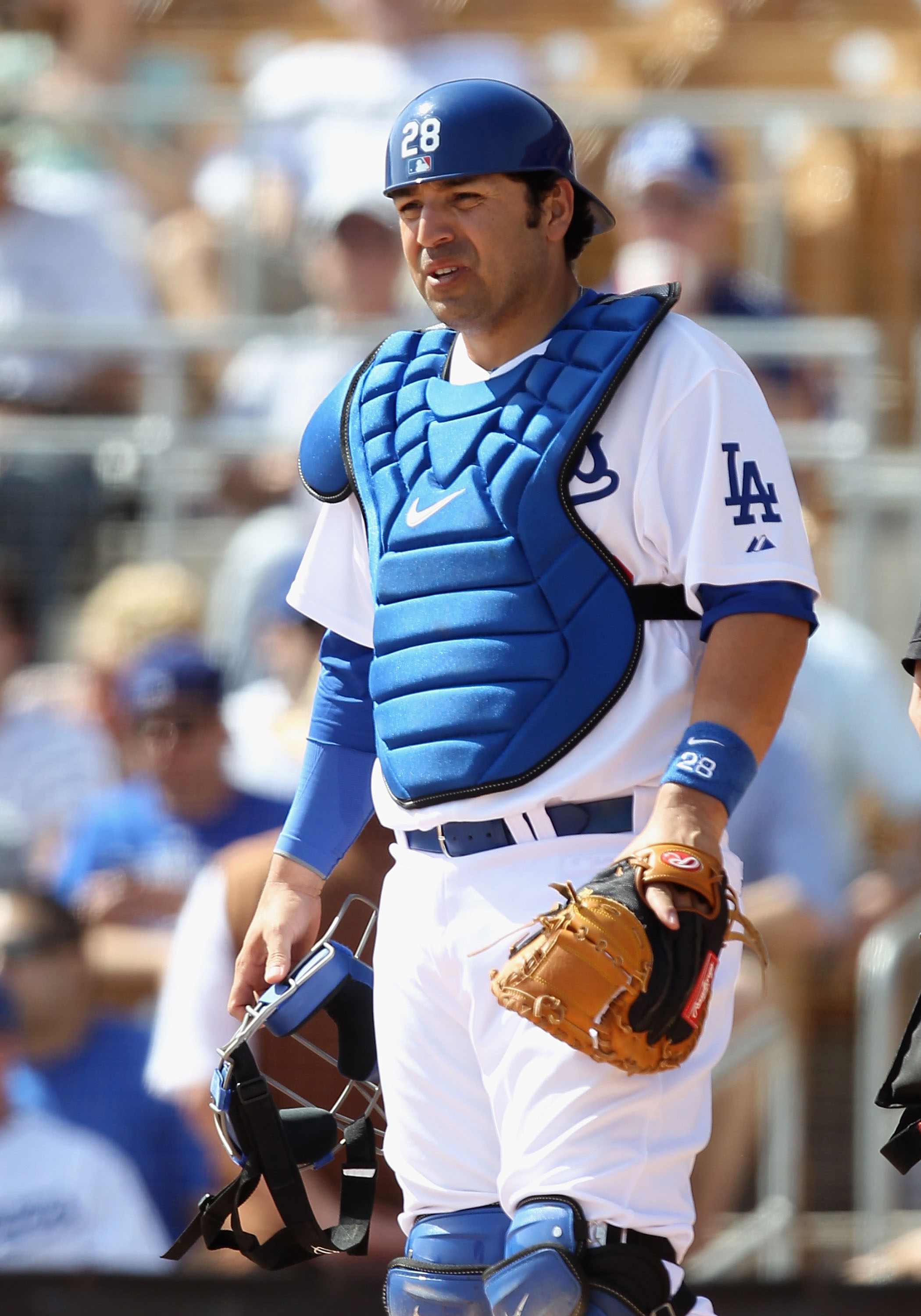 GLENDALE, AZ - MARCH 05:  Catcher Rod Barajas #28 of the Los Angeles Dodgers during the spring training game against the Cincinnati Reds at Camelback Ranch on March 5, 2011 in Glendale, Arizona.  (Photo by Christian Petersen/Getty Images)