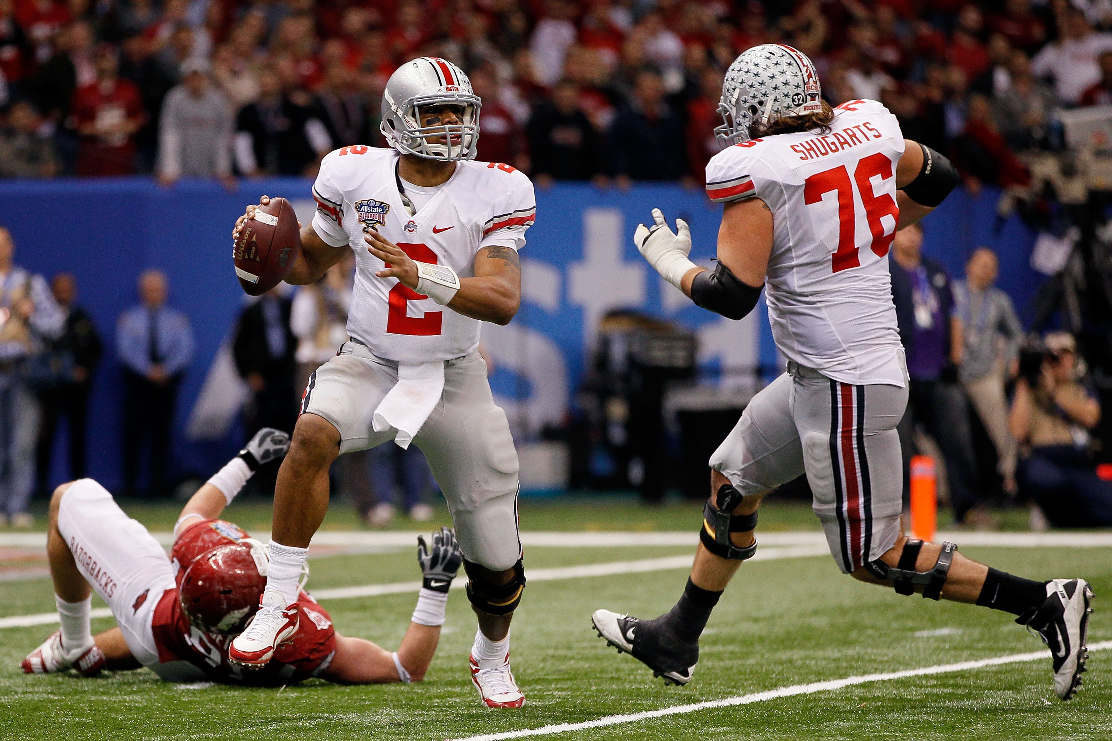NEW ORLEANS, LA - JANUARY 04:  Quarterback Terrelle Pryor #2 of the Ohio State Buckeyes looks to run against the Arkansas Razorbacks during the Allstate Sugar Bowl at the Louisiana Superdome on January 4, 2011 in New Orleans, Louisiana.  (Photo by Kevin C