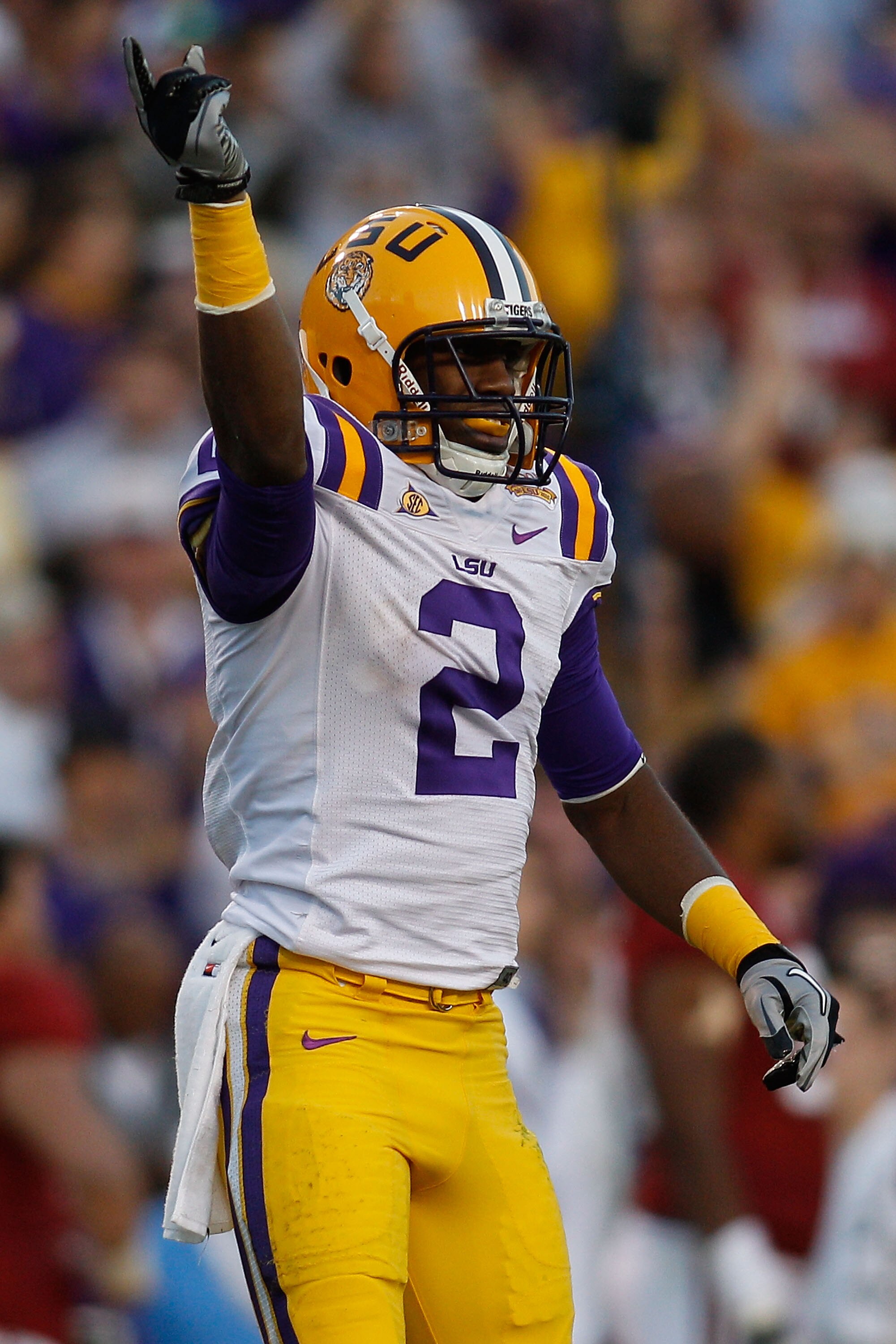 BATON ROUGE, LA - NOVEMBER 06:  Rueben Randle #2 of the Louisiana State University Tigers celebrates after picking up a first down against the Alabama Crimson Tide at Tiger Stadium on November 6, 2010 in Baton Rouge, Louisiana. The Tigers defeated the Cri