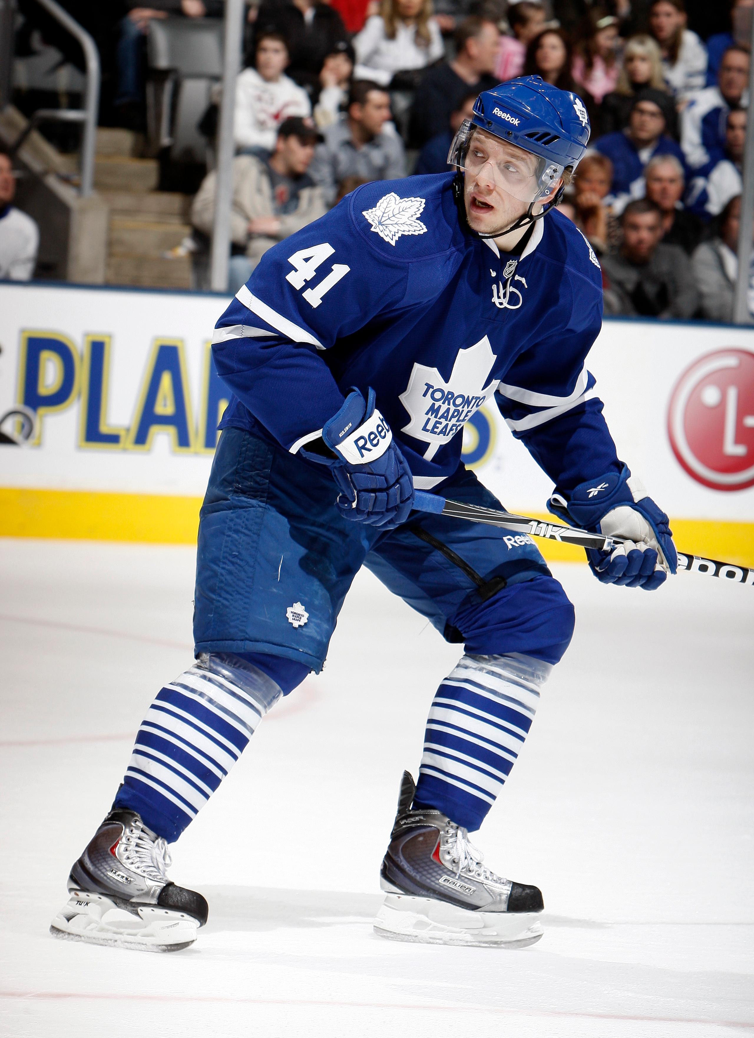 TORONTO, CANADA - FEBRUARY 26: Nikolai Kulemin #41 of the Toronto Maple Leafs skates up the ice during the game against the Pittsburgh Penguins at the Air Canada Centre February 26, 2011 in Toronto, Ontario, Canada. (Photo by Abelimages/Getty Images)