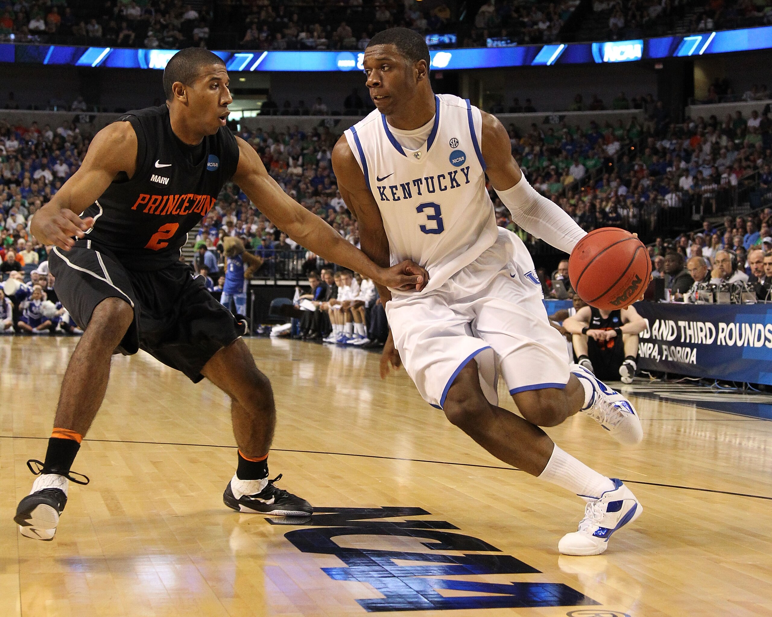 TAMPA, FL - MARCH 17:  Terrence Jones #3 of the Kentucky Wildcats drives against Kareem Maddox #2 of the Princeton Tigers during the second round of the 2011 NCAA men's basketball tournament at St. Pete Times Forum on March 17, 2011 in Tampa, Florida.  (P