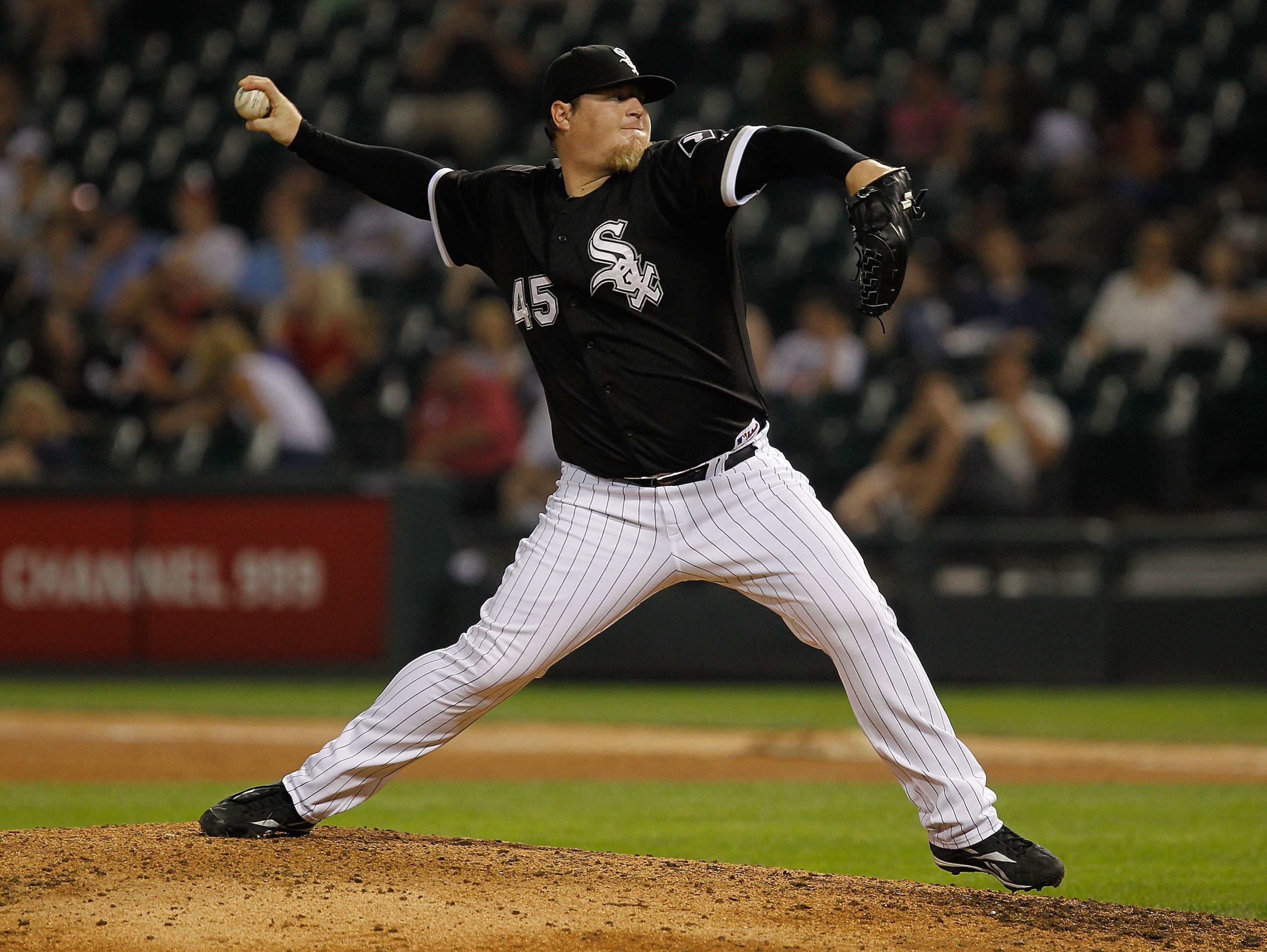 CHICAGO - JULY 07: Bobby Jenks #45 of the Chicago White Sox pitches in the 9th inning against the Los Angeles Angels of Anaheim at U.S. Cellular Field on July 7, 2010 in Chicago, Illinois. The White Sox defeated the Angels 5-2. (Photo by Jonathan Daniel/G