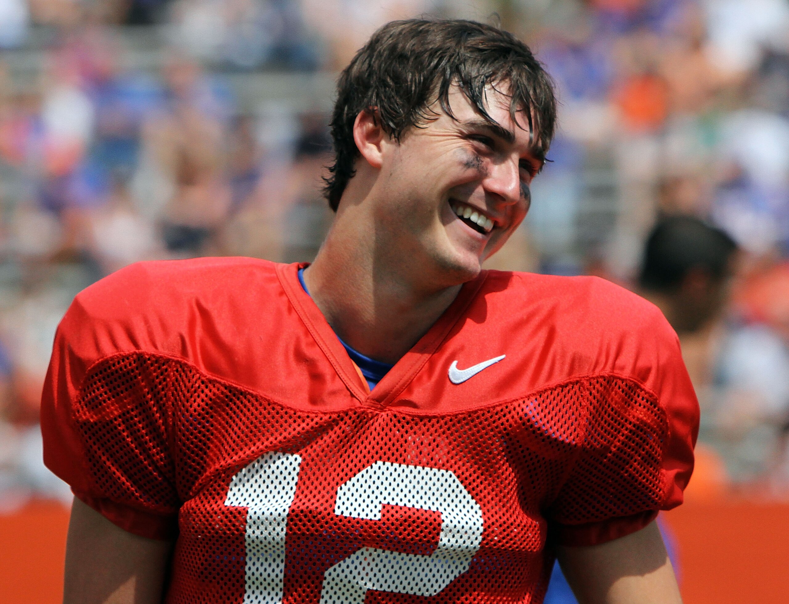 GAINESVILLE, FL - APRIL 10:  Quarterback John Brantley #12 of the Florida Gators reacts during the Orange & Blue game at Ben Hill Griffin Stadium on April 10, 2010 in Gainesville, Florida.  (Photo by Doug Benc/Getty Images)