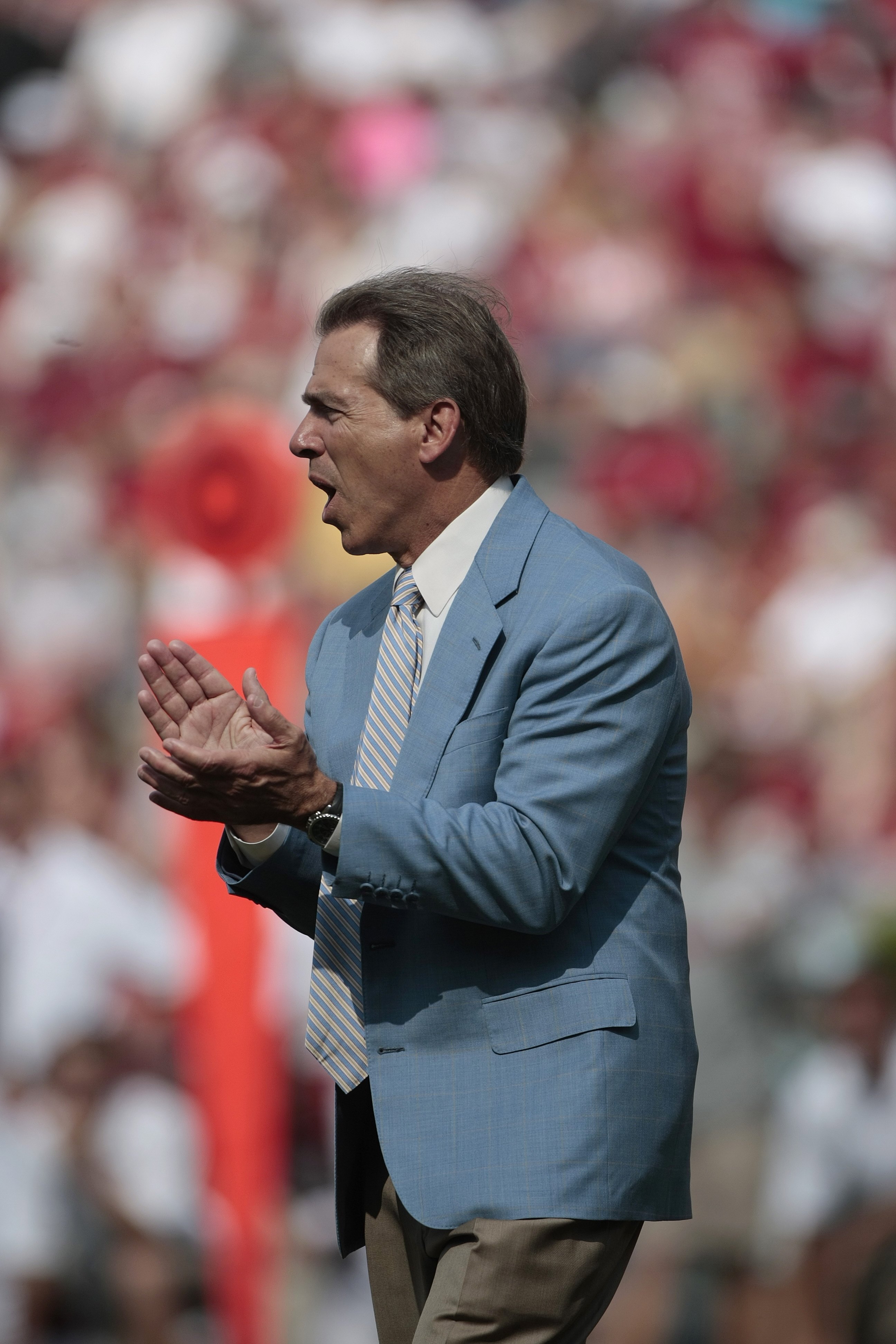 TUSCALOOSA, AL - APRIL 17:  Coach Nick Saban of the Alabama Crimson Tide reacts during the Alabama spring game at Bryant Denny Stadium on April 17, 2010 in Tuscaloosa, Alabama. (Photo by Dave Martin/Getty Images)