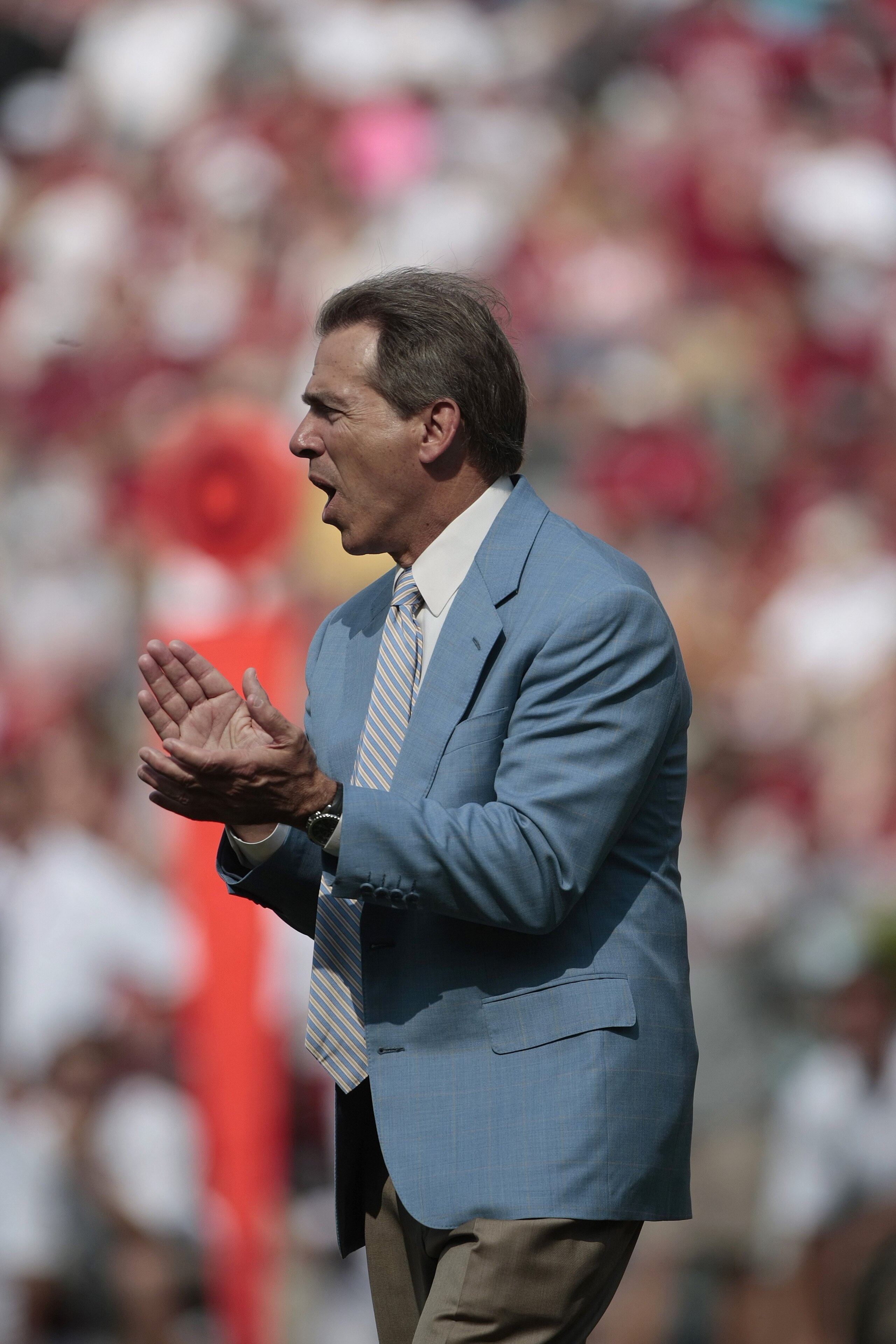 TUSCALOOSA, AL - APRIL 17:  Coach Nick Saban of the Alabama Crimson Tide reacts during the Alabama spring game at Bryant Denny Stadium on April 17, 2010 in Tuscaloosa, Alabama. (Photo by Dave Martin/Getty Images)