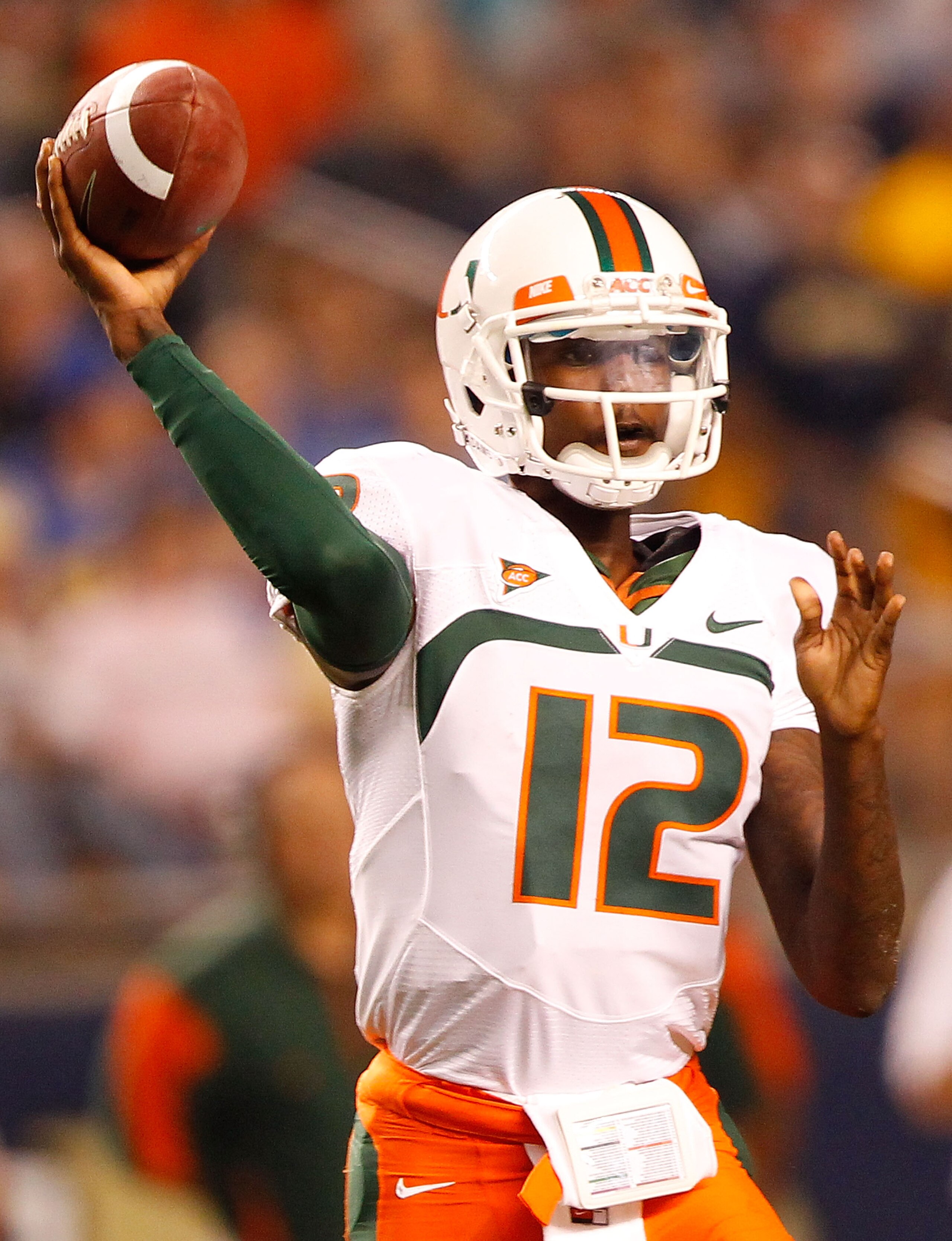 PITTSBURGH - SEPTEMBER 23:  Jacory Harris #12 of the Miami Hurricanes drops back to pass against the Pittsburgh Panthers on September 23, 2010 at Heinz Field in Pittsburgh, Pennsylvania.  (Photo by Jared Wickerham/Getty Images)