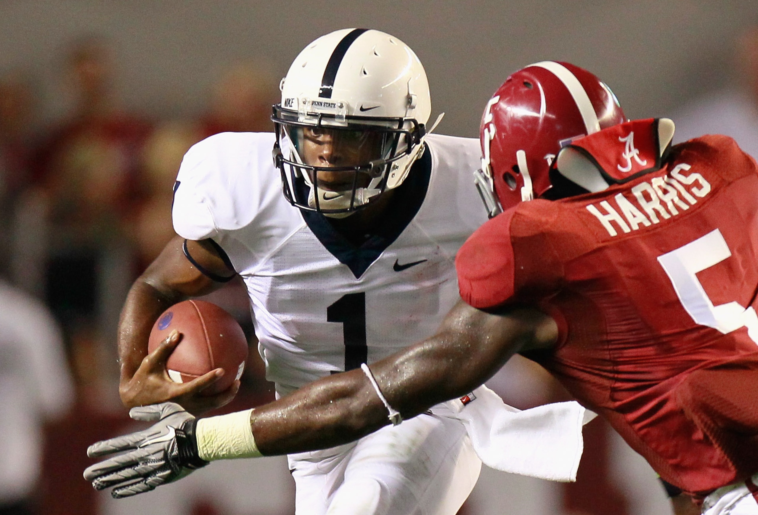 TUSCALOOSA, AL - SEPTEMBER 11:  Quarterback Robert Bolden #1 of the Penn State Nittany Lions against Jerrell Harris #5 of the Alabama Crimson Tide at Bryant-Denny Stadium on September 11, 2010 in Tuscaloosa, Alabama.  (Photo by Kevin C. Cox/Getty Images)