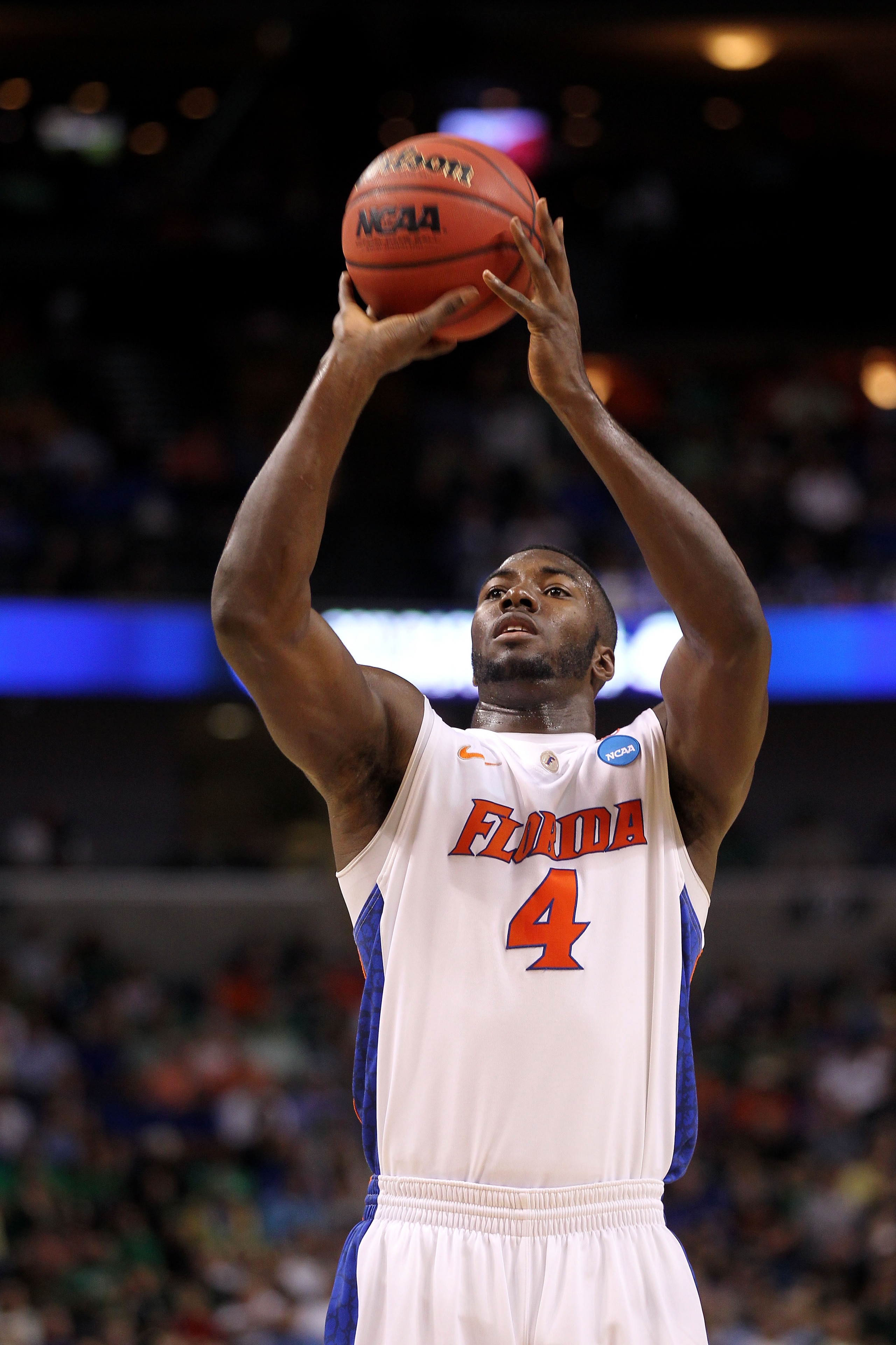 TAMPA, FL - MARCH 17:  Patric Young #4 of the Florida Gators attempts a free throw against the UC Santa Barbara Gauchos during the second round of the 2011 NCAA men's basketball tournament at St. Pete Times Forum on March 17, 2011 in Tampa, Florida.  (Pho
