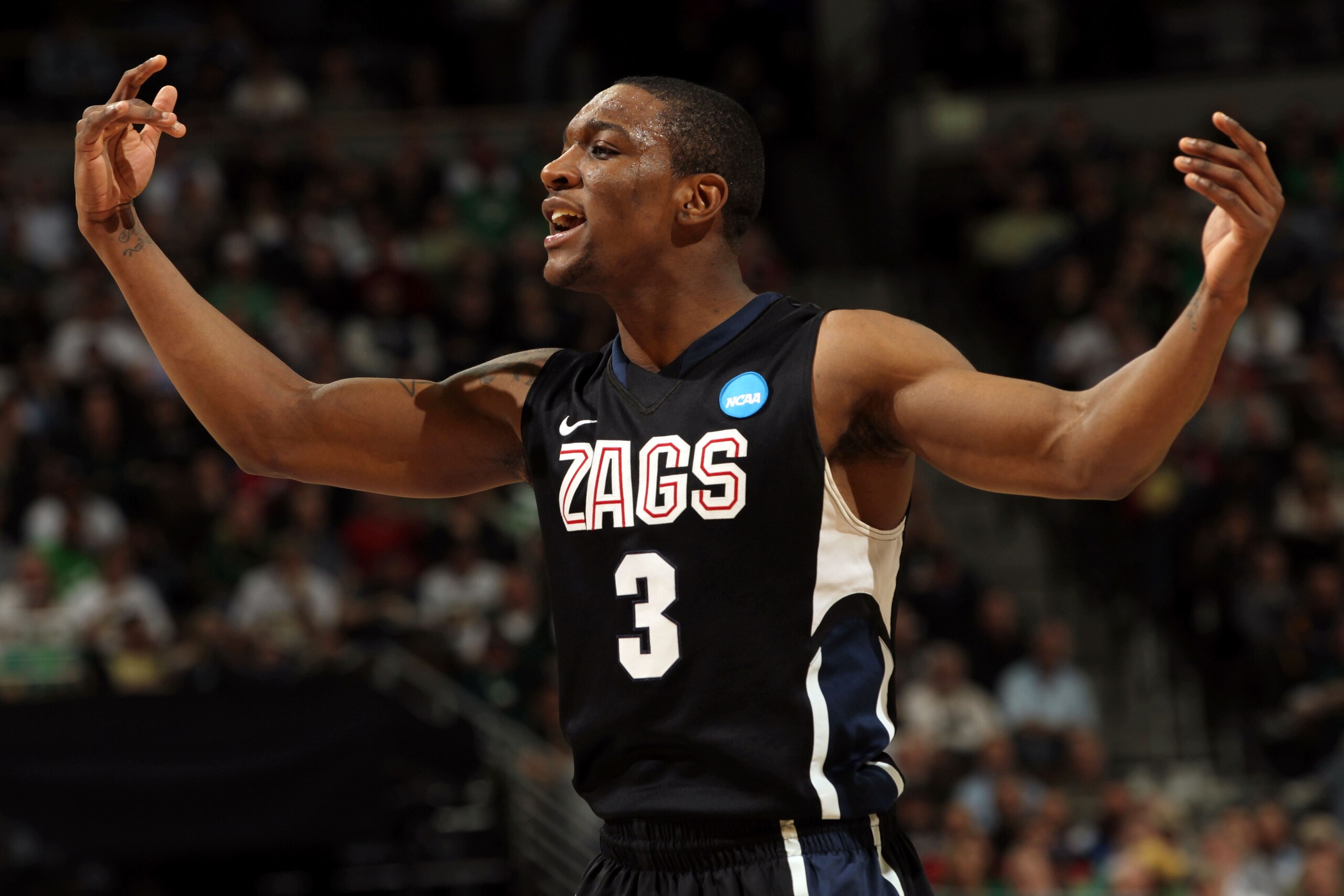 DENVER, CO - MARCH 17:  Demetri Goodson #3 of the Gonzaga Bulldogs reacts to a play against the St. John's Red Storm during the second round of the 2011 NCAA men's basketball tournament at Pepsi Center on March 17, 2011 in Denver, Colorado.  (Photo by Dou