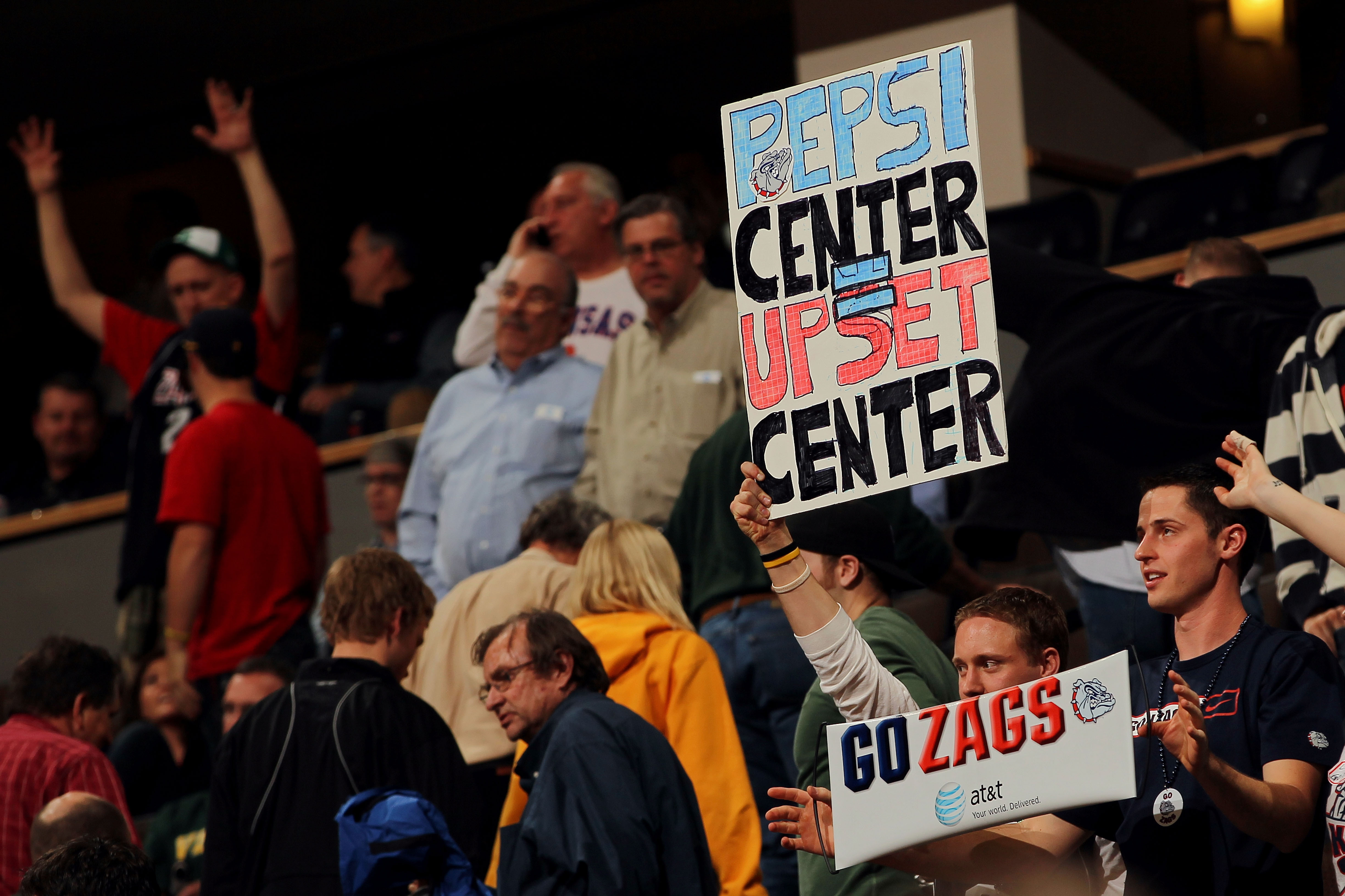 DENVER, CO - MARCH 17:  A fan of the Gonzaga Bulldogs holds up a sign reading 'Pepsi Center Upset Center' after his team defeated the St. John's Red Storm in the second round of the 2011 NCAA men's basketball tournament at Pepsi Center on March 17, 2011 i