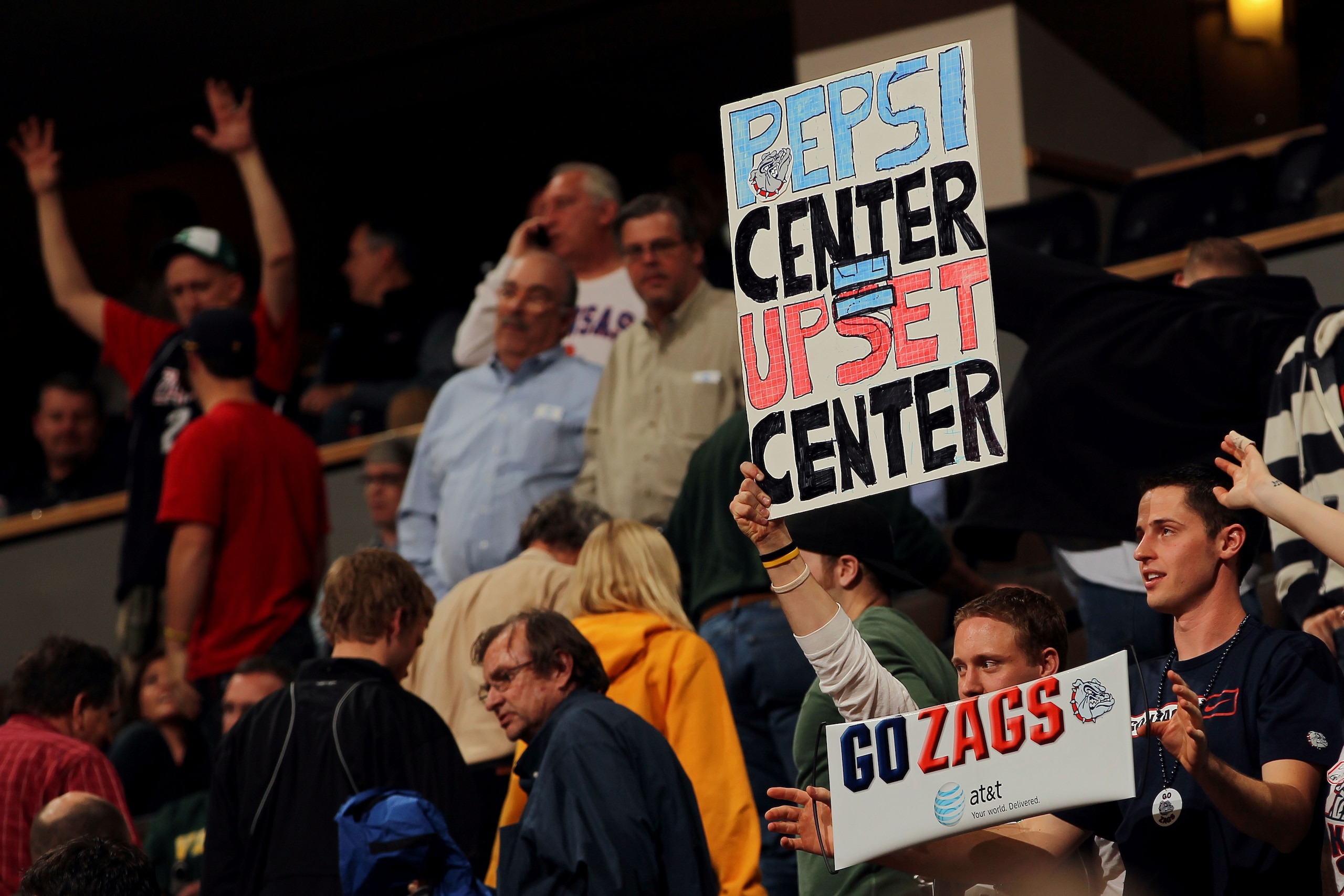 DENVER, CO - MARCH 17:  A fan of the Gonzaga Bulldogs holds up a sign reading 'Pepsi Center Upset Center' after his team defeated the St. John's Red Storm in the second round of the 2011 NCAA men's basketball tournament at Pepsi Center on March 17, 2011 i
