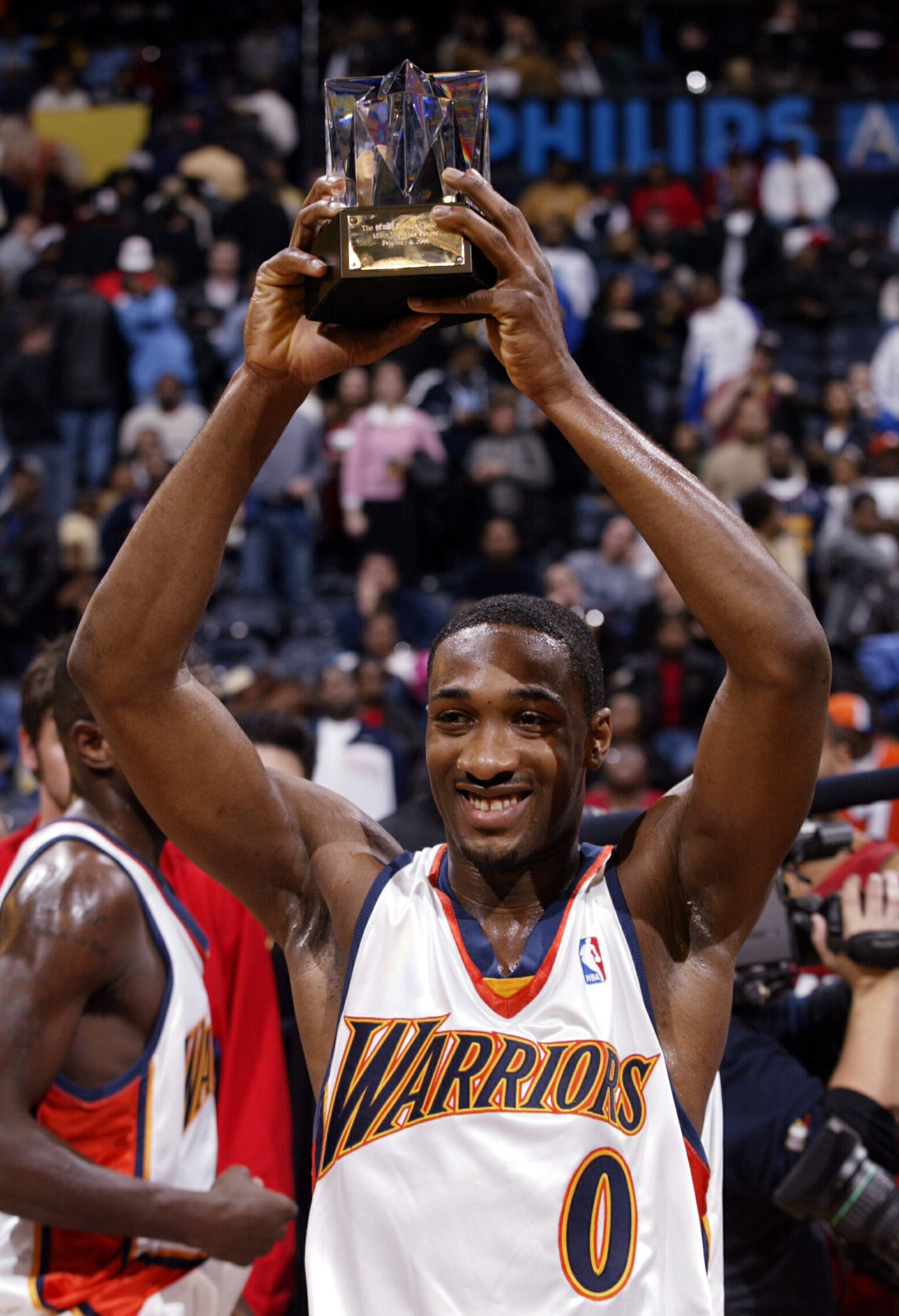 ATLANTA - FEBRUARY 8:   Gilbert Arenas #0 of the Sophmore team is named 'Player of the Game' at the The Got Milk? Rookie Challenge during the 2003 NBA All Star weekend on February 8, 2003 at Philips Arena in Atlanta, Georgia.   NOTE TO USER: User expressl
