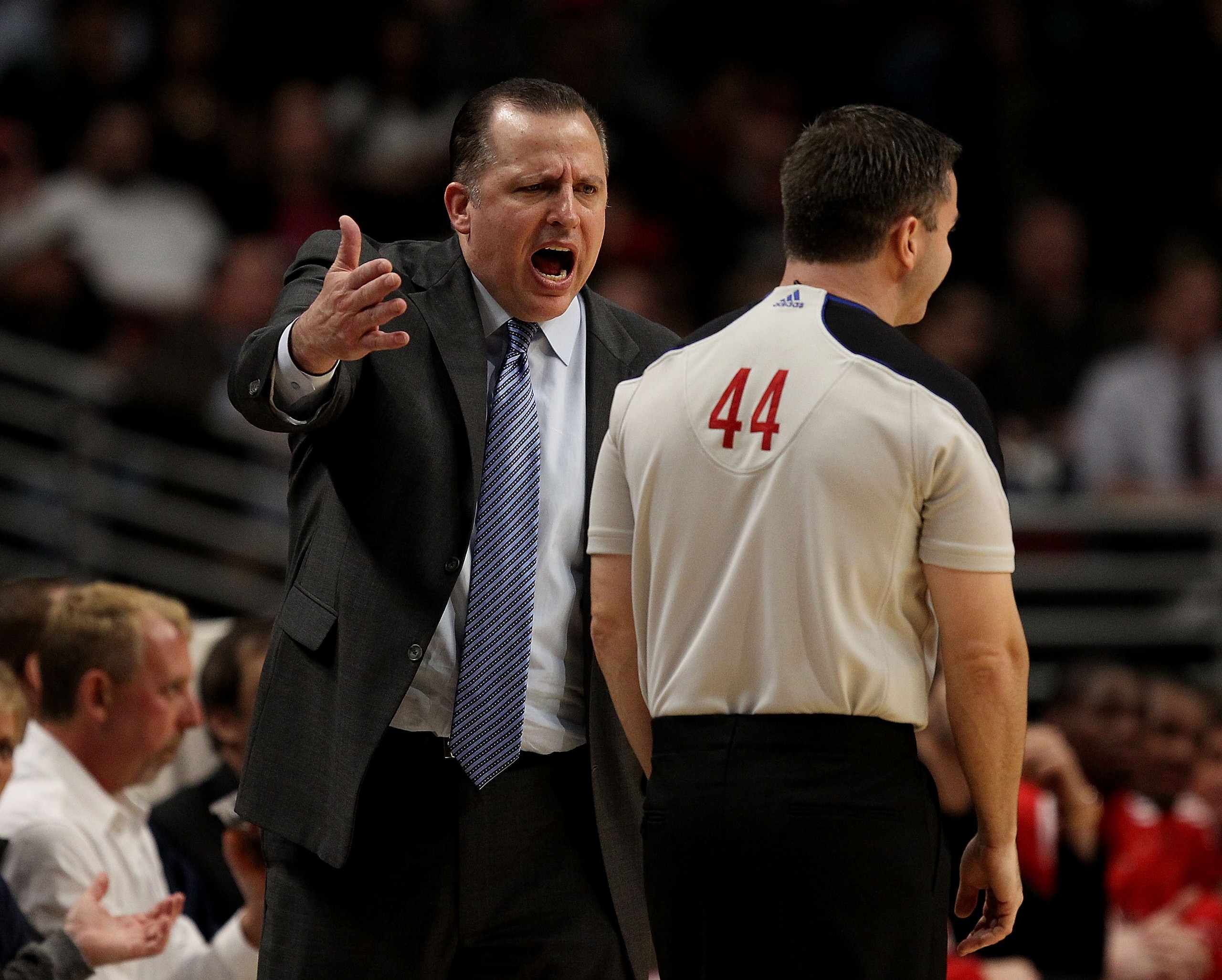 CHICAGO, IL - FEBRUARY 17: Head coach Tom Thibodeau of the Chicago Bulls argues a call with referee Eli Roe #44 during a game against the San Antonio Spurs at the United Center on February 17, 2011 in Chicago, Illinois. The Bulls defeated the Spurs 109-99