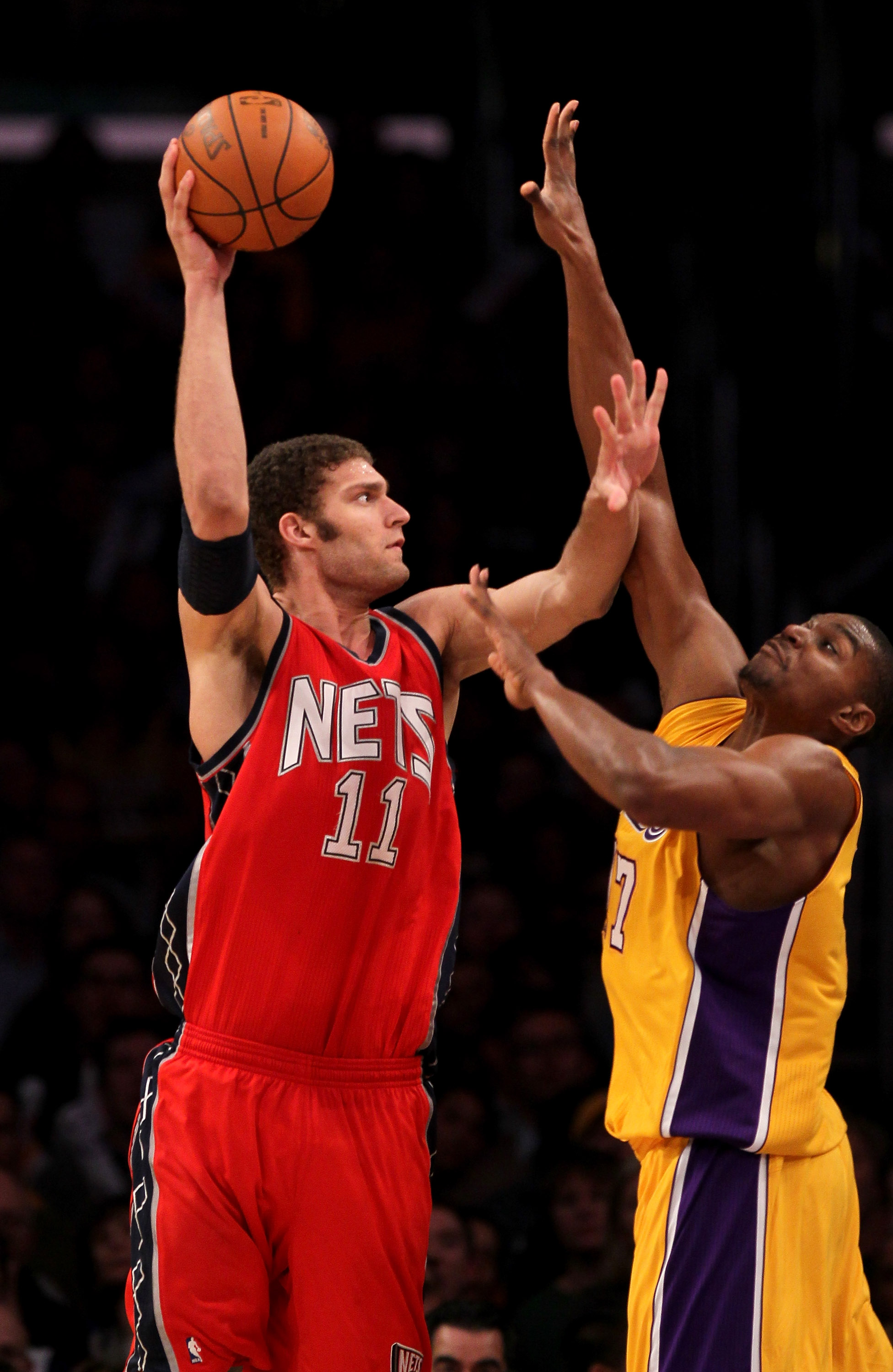 New Jersey Nets center Brook Lopez pleads his case with an