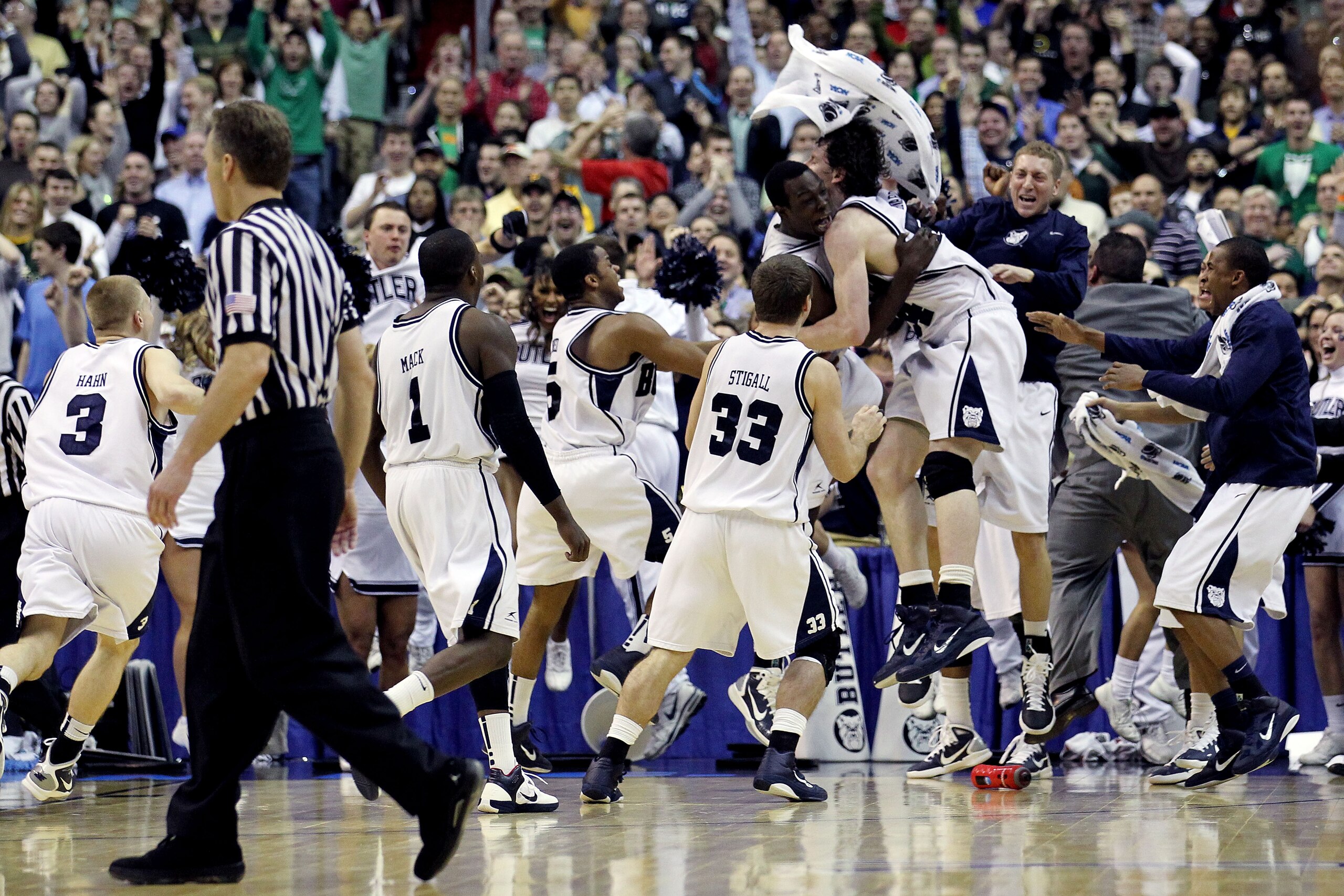 WASHINGTON - MARCH 17:  The Butler Bulldogs celebrate defeating the Old Dominion Monarchs 60-58 during the second round of the 2011 NCAA men's basketball tournament at the Verizon Center on March 17, 2011 in Washington, DC.  (Photo by Nick Laham/Getty Ima