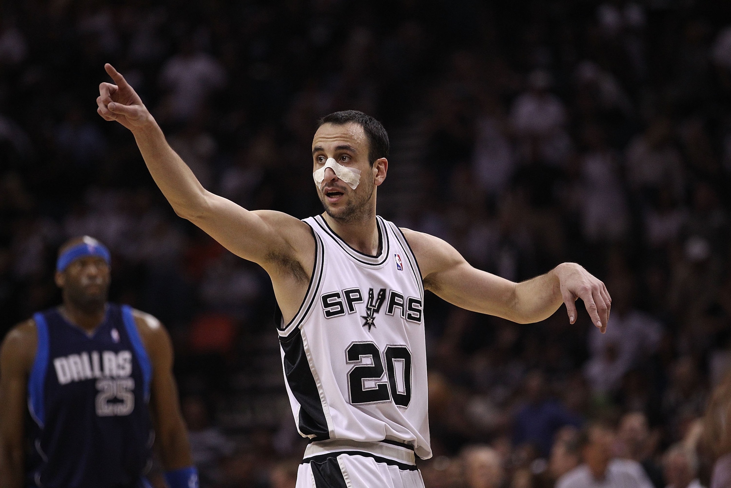 SAN ANTONIO - APRIL 29:  Manu Ginobili #20 of the San Antonio Spurs in Game Six of the Western Conference Quarterfinals during the 2010 NBA Playoffs at AT&T Center on April 29, 2010 in San Antonio, Texas. NOTE TO USER: User expressly acknowledges and agre