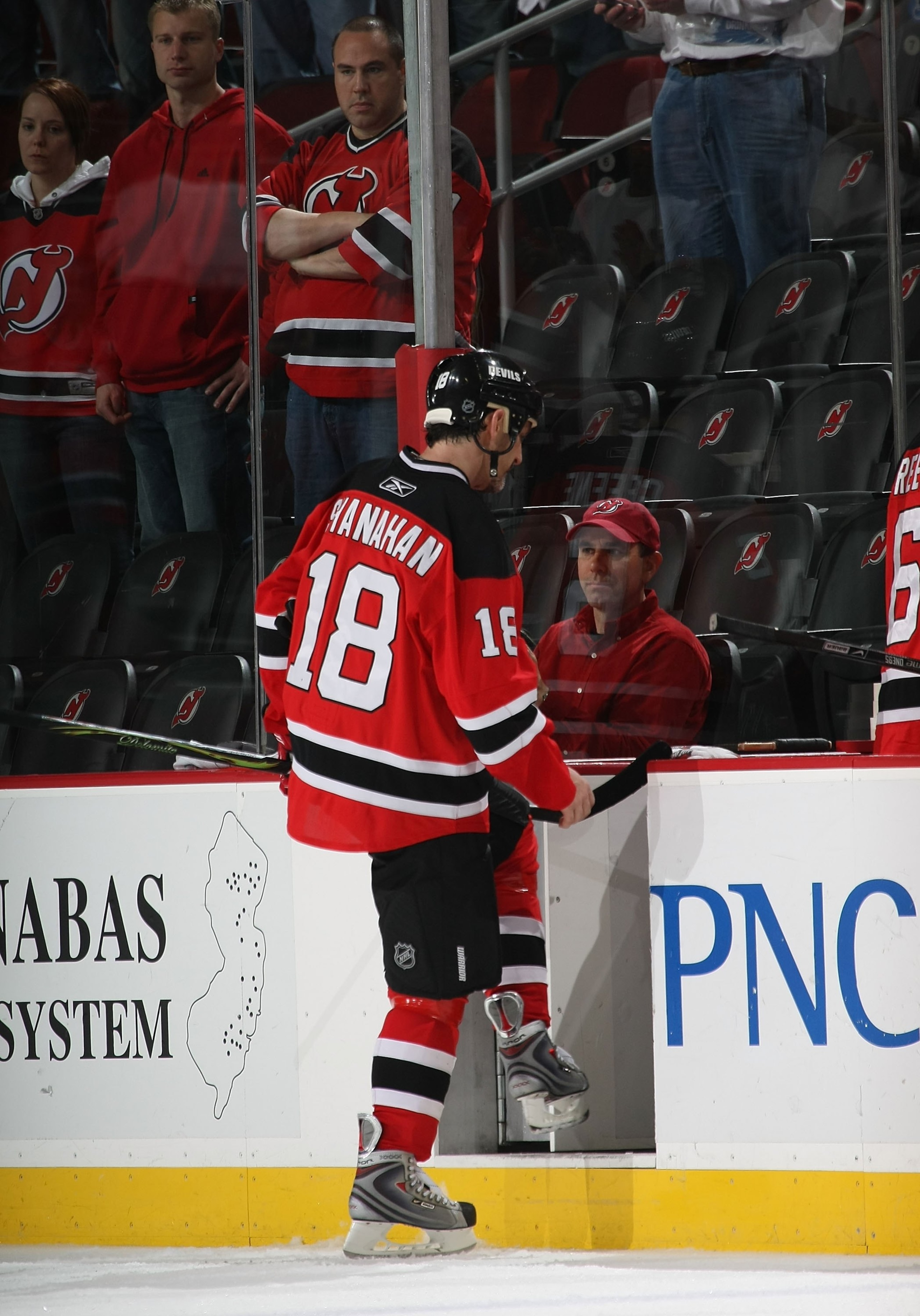 NEWARK, NJ - APRIL 28: A dejected Brendan Shanahan #18 of the New Jersey Devils leaves the ice after losing to the Carolina Hurricanes in Game Seven of the Eastern Conference Semifinal Round of the 2009 Stanley Cup Playoffs at the Prudential Center on Ap NEWARK, NJ - APRIL 28: A dejected Brendan Shanahan #18 of the New Jersey Devils leaves the ice after losing to the Carolina Hurricanes in Game Seven of the Eastern Conference Semifinal Round of the 2009 Stanley Cup Playoffs at the Prudential Center on Ap