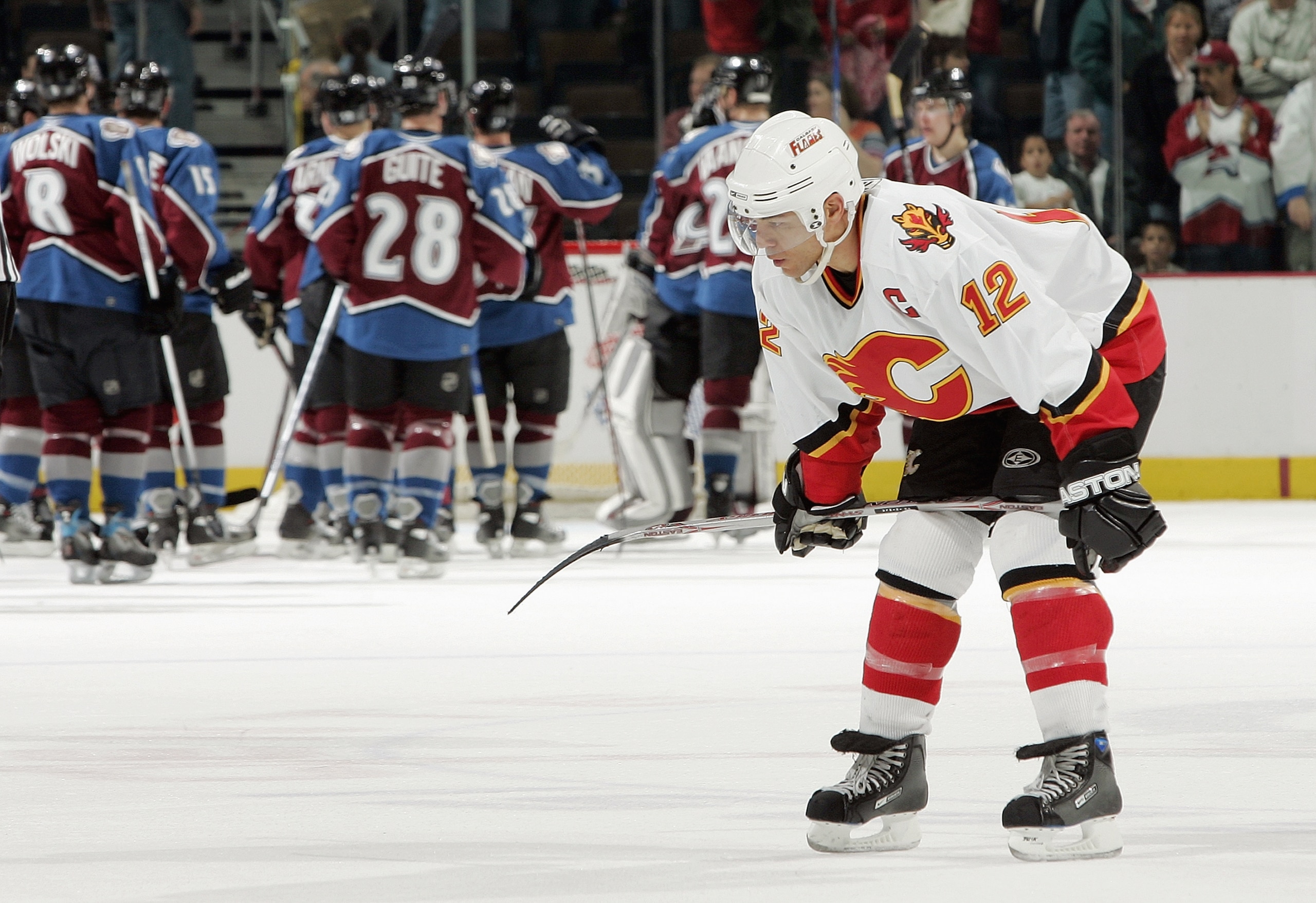 DENVER - MARCH 14: Jarome Iginla #12 of the Calgary Flames drifts to the bench after losing a game to the Colorado Avalanche on March 14, 2007 at the Pepsi Center in Denver, Colorado. The Avalanche defeated the Flames, 3-2. (Photo by Brian Bahr/Getty Imag DENVER - MARCH 14: Jarome Iginla #12 of the Calgary Flames drifts to the bench after losing a game to the Colorado Avalanche on March 14, 2007 at the Pepsi Center in Denver, Colorado. The Avalanche defeated the Flames, 3-2. (Photo by Brian Bahr/Getty Imag