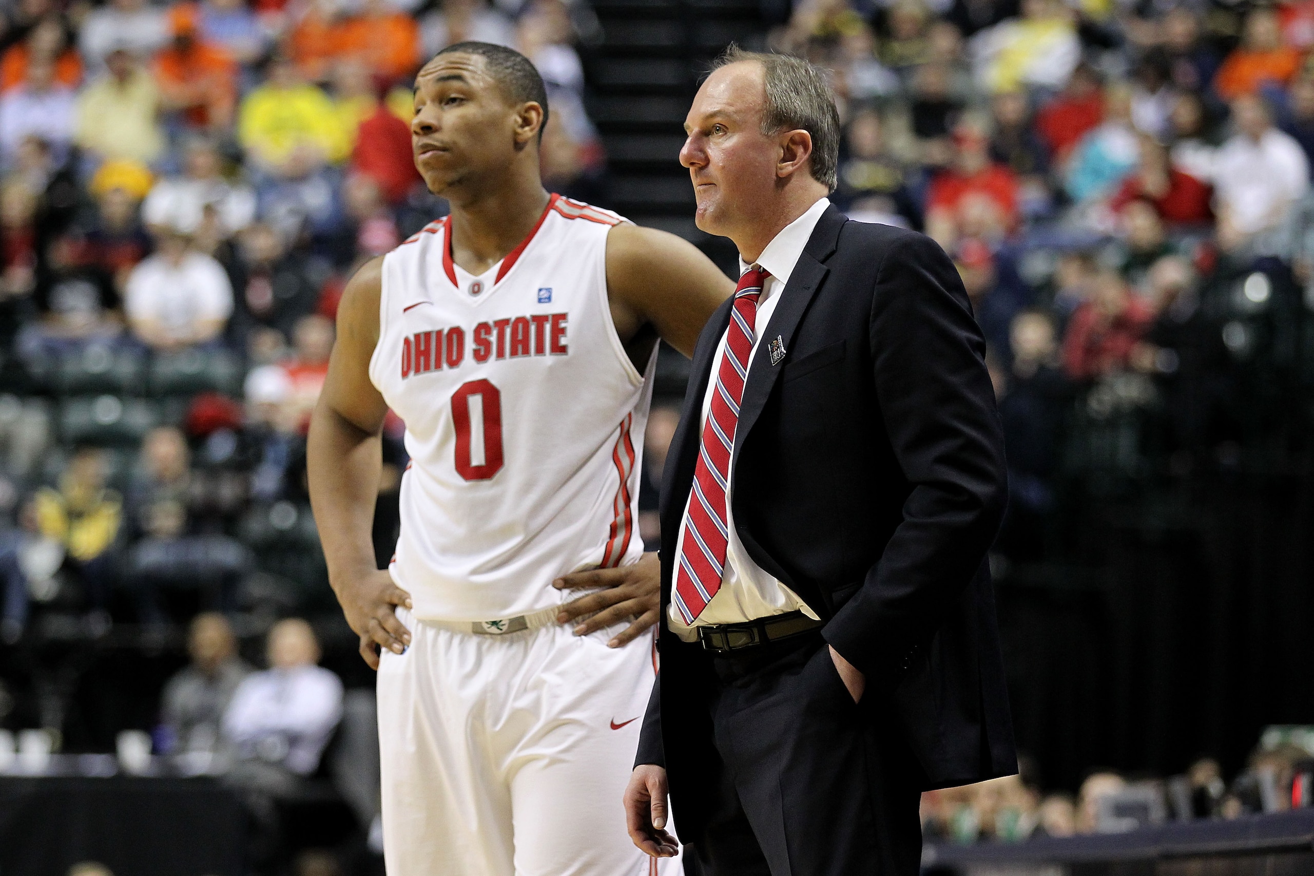INDIANAPOLIS, IN - MARCH 11:  Head coach Thad Matta and Jared Sullinger #0 of the Ohio State Buckeyes look on against the Northwestern Wildcats during the quarterfinals of the 2011 Big Ten Men's Basketball Tournament at Conseco Fieldhouse on March 11, 201