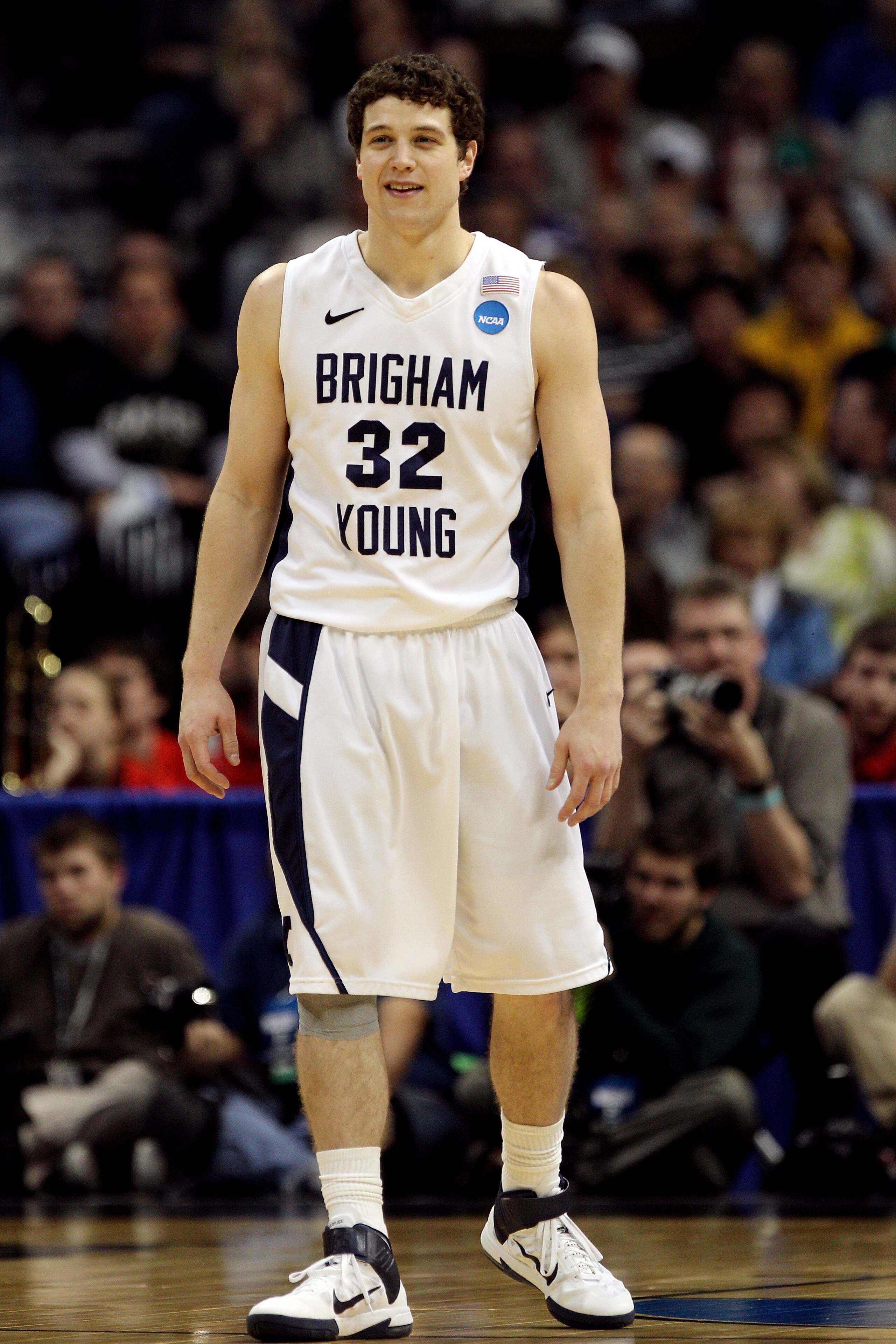 DENVER, CO - MARCH 17:  Jimmer Fredette #32 of the Brigham Young Cougars looks on while playing against the Wofford Terriers during the second round of the 2011 NCAA men's basketball tournament at Pepsi Center on March 17, 2011 in Denver, Colorado.  (Phot
