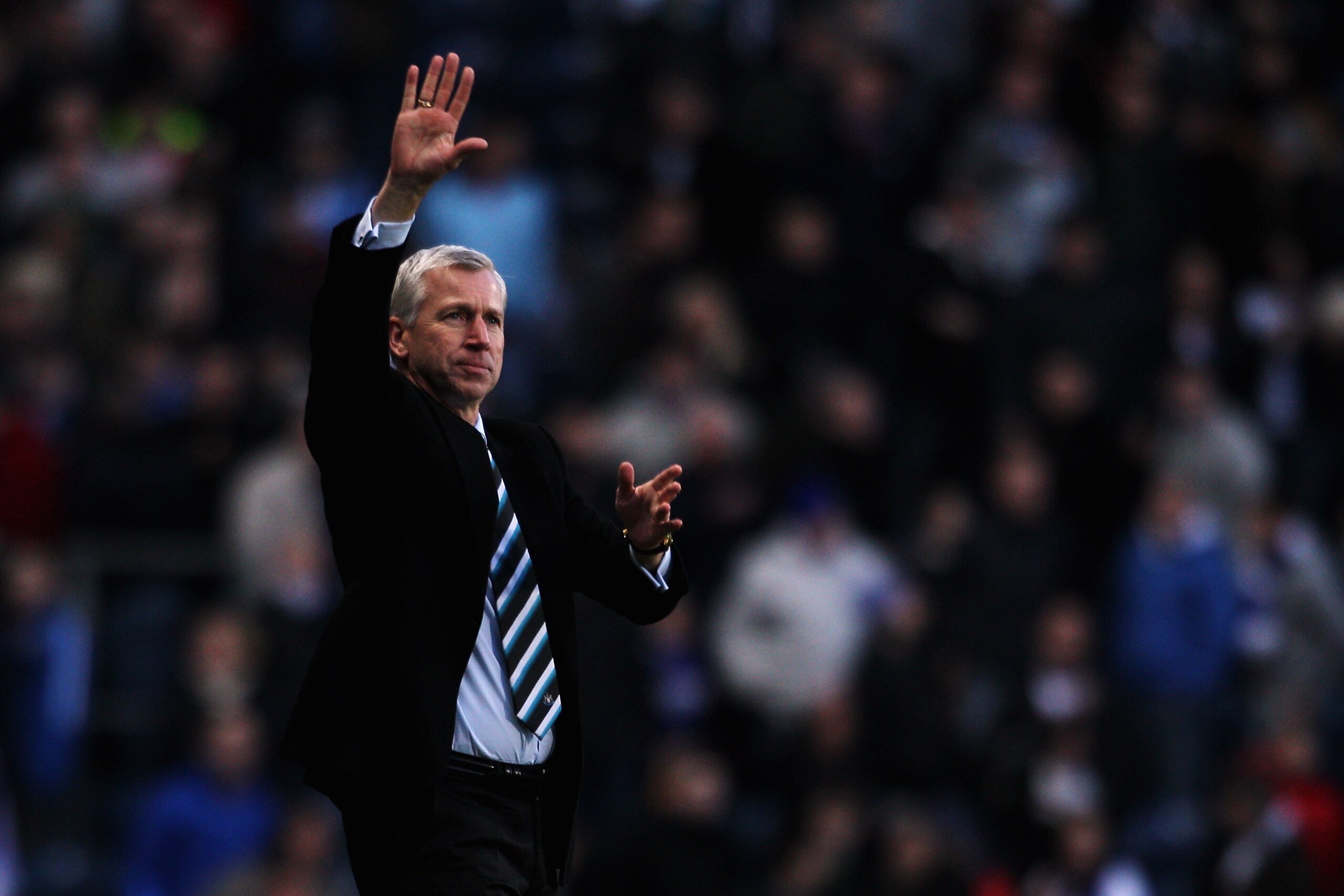 BLACKBURN, ENGLAND - FEBRUARY 12:  Newcastle Manager Alan Pardew acknowledges the fans after the Barclays Premier League match between Blackburn Rovers and Newcastle United at Ewood Park on February 12, 2011 in Blackburn, England.  (Photo by Dean Mouhtaro
