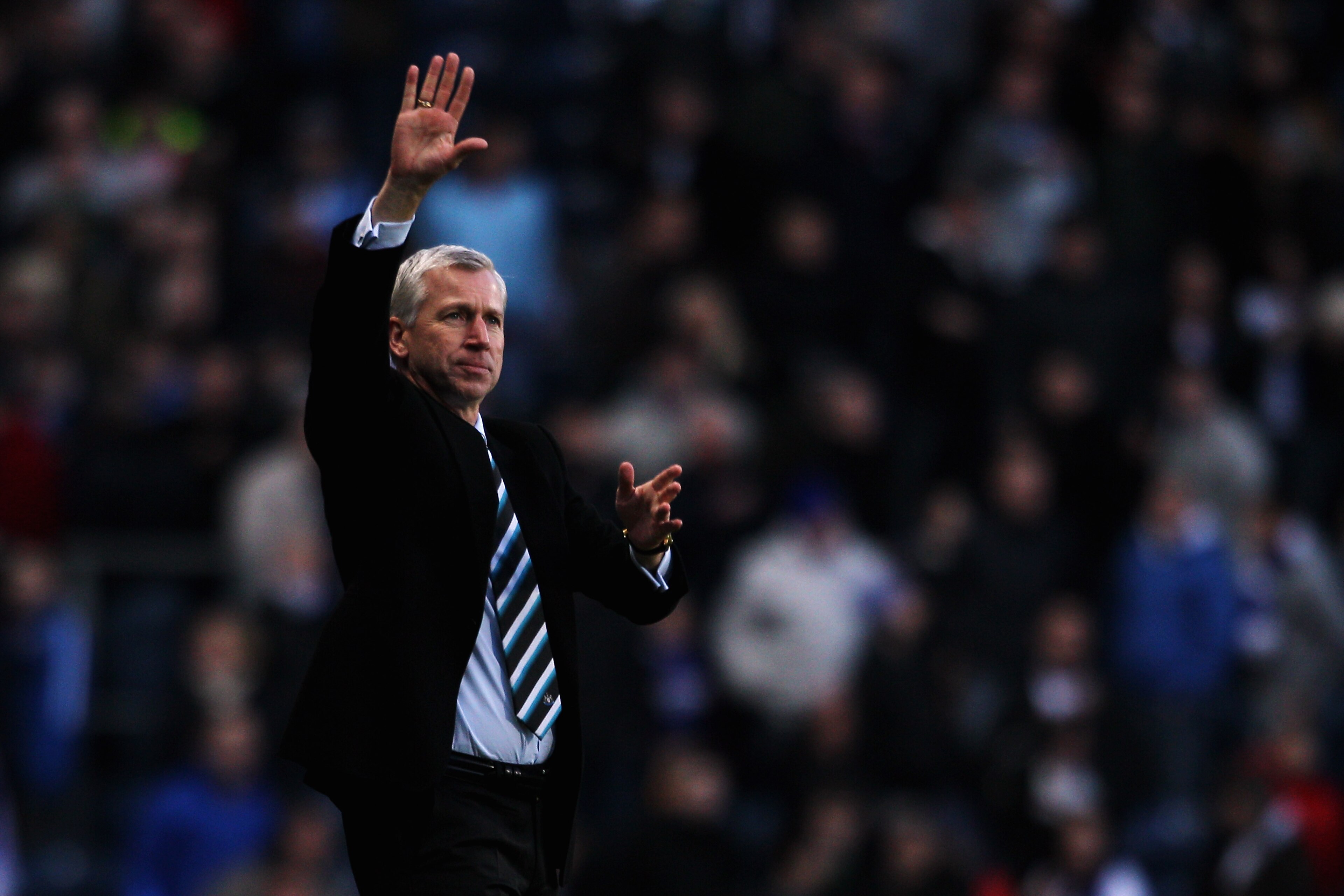 BLACKBURN, ENGLAND - FEBRUARY 12:  Newcastle Manager Alan Pardew acknowledges the fans after the Barclays Premier League match between Blackburn Rovers and Newcastle United at Ewood Park on February 12, 2011 in Blackburn, England.  (Photo by Dean Mouhtaro