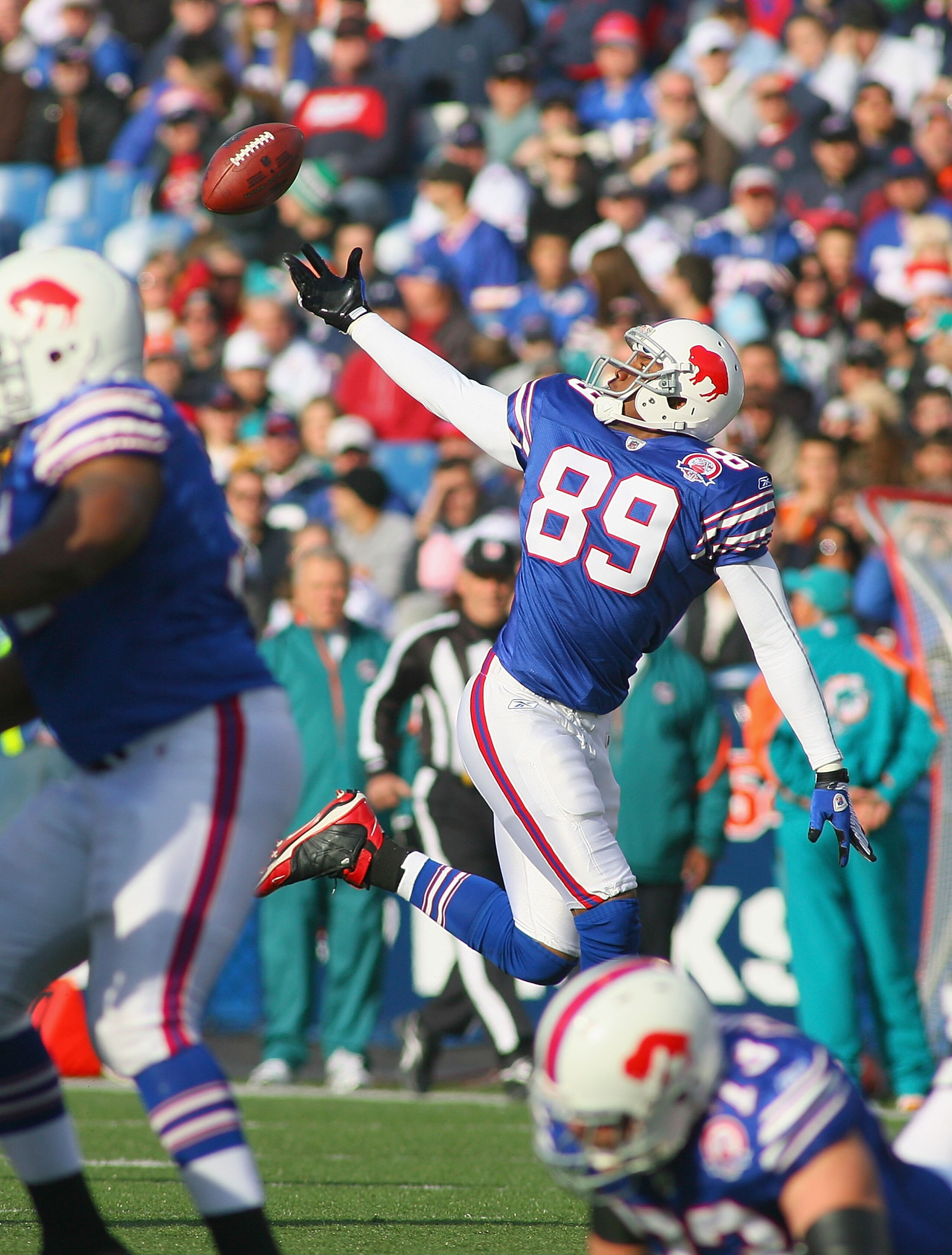 ORCHARD PARK, NY - NOVEMBER 29: Shawn Nelson #89 of the Buffalo Bills can't control a pass against the Miami Dolphins at Ralph Wilson Stadium on November 29, 2009 in Orchard Park, New York. The Bills won 31-14. (Photo by Rick Stewart/Getty Images)