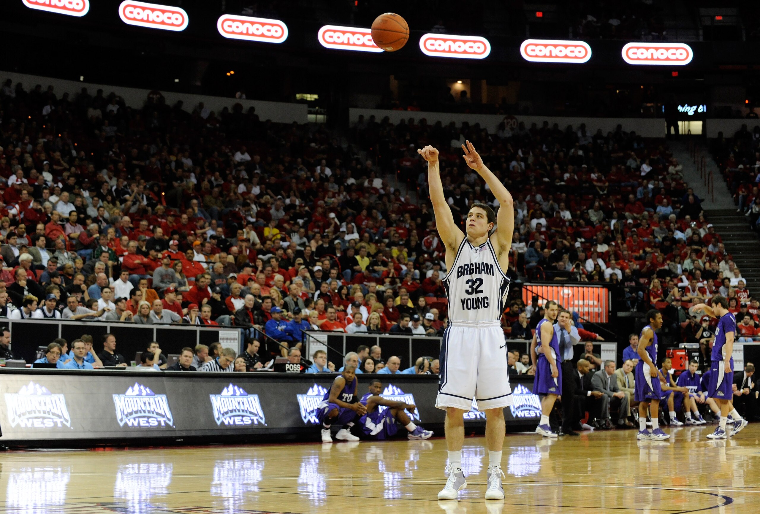 LAS VEGAS - MARCH 11:  Jimmer Fredette #32 of the Brigham Young University Cougars shoots a technical free throw during a quarterfinal game against the Texas Christian University Horned Frogs during the Conoco Mountain West Conference Basketball tournamen