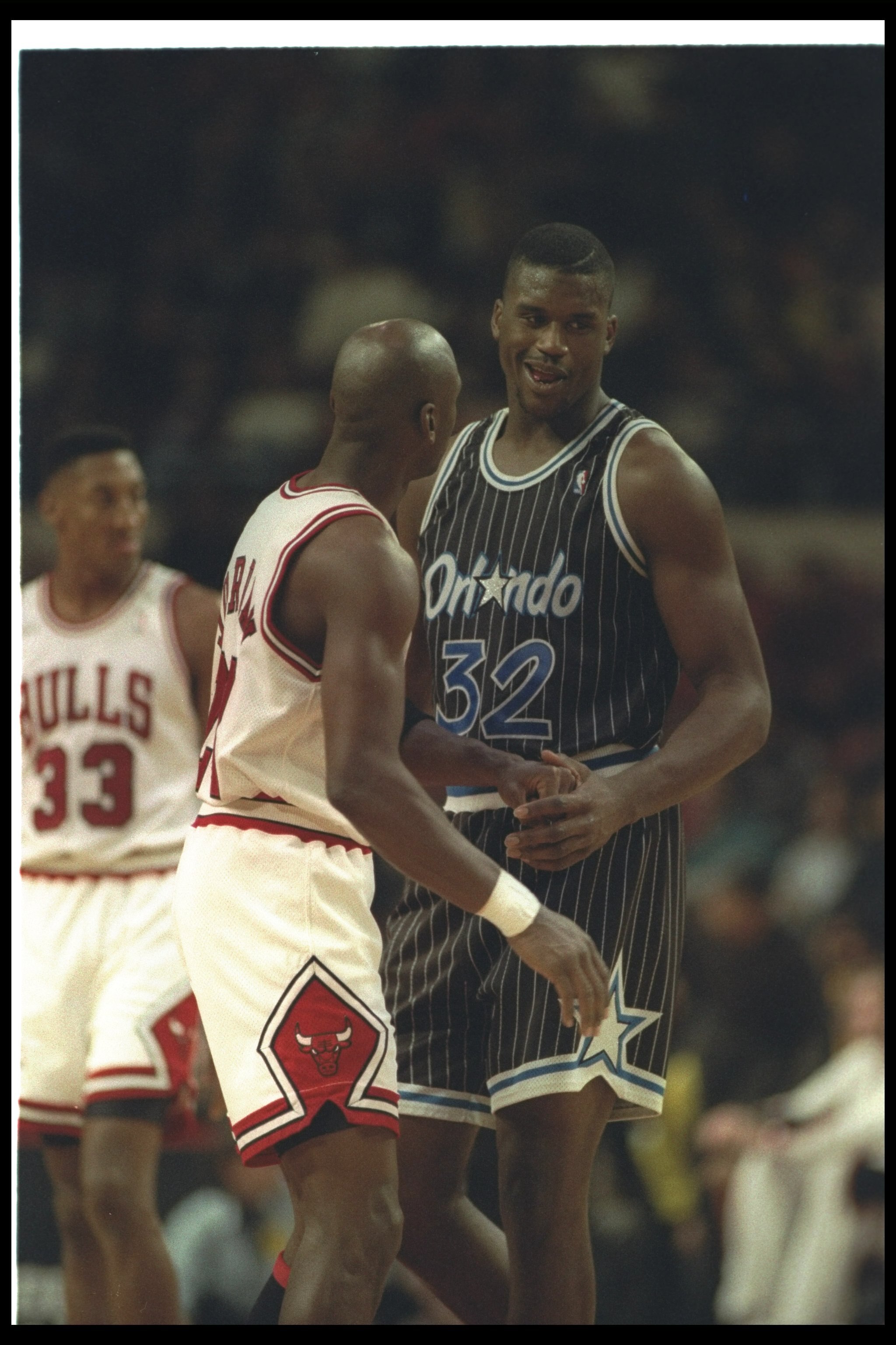 1992-1993:  Center Shaquille O''Neal of the Orlando Magic (right) confers with guard Michael Jordan of the Chicago Bulls during a game at the United Center in Chicago, Illinois. Mandatory Credit: Jonathan Daniel  /Allsport Mandatory Credit: Jonathan Danie