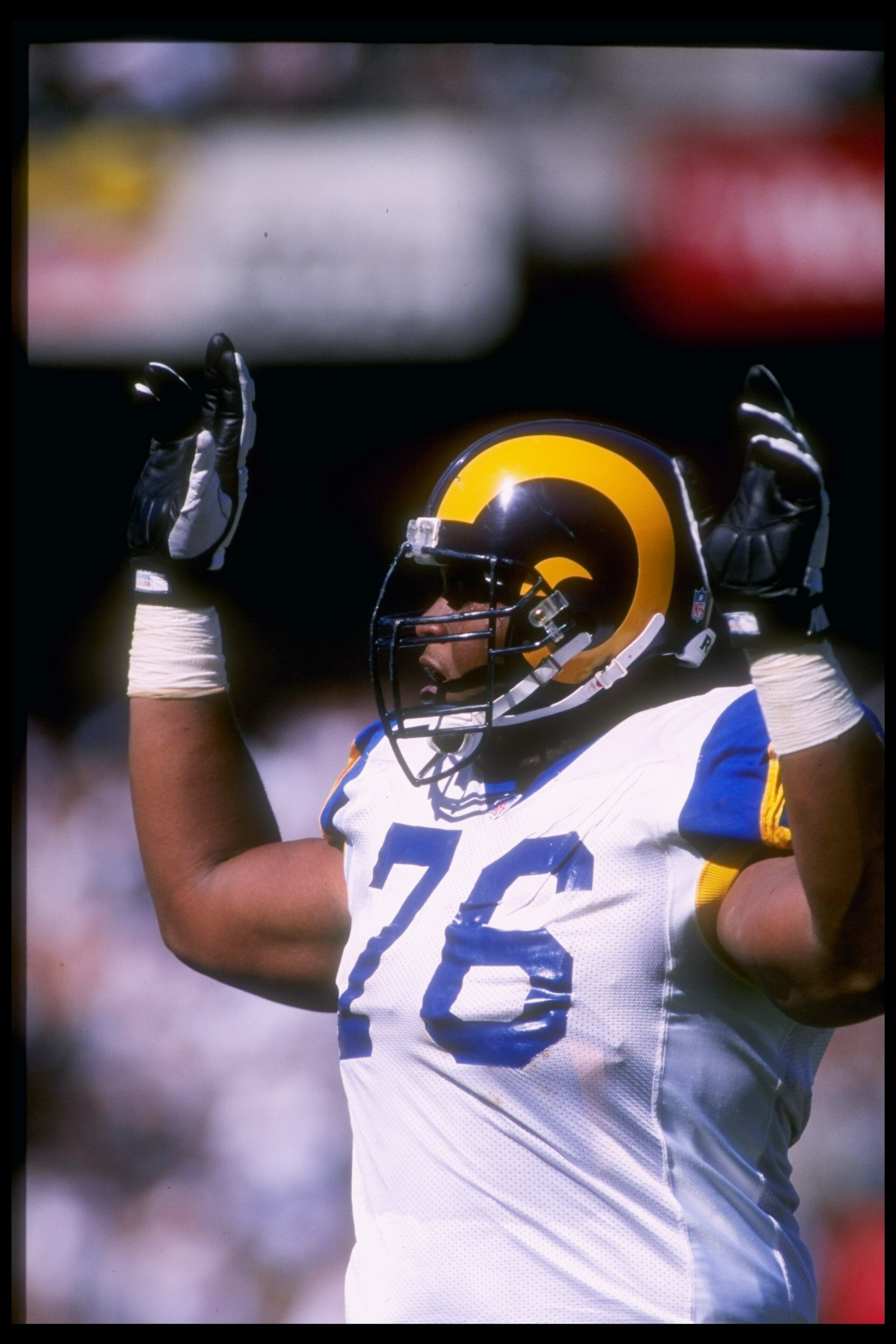 28 Sep 1997:  Offensive lineman Orlando Pace #76 of the St. Louis Rams during the Rams 35-17 loss to the Oakland Raiders at UMAX Stadium in Oakland, California. Mandatory Credit: Otto Greule  /Allsport