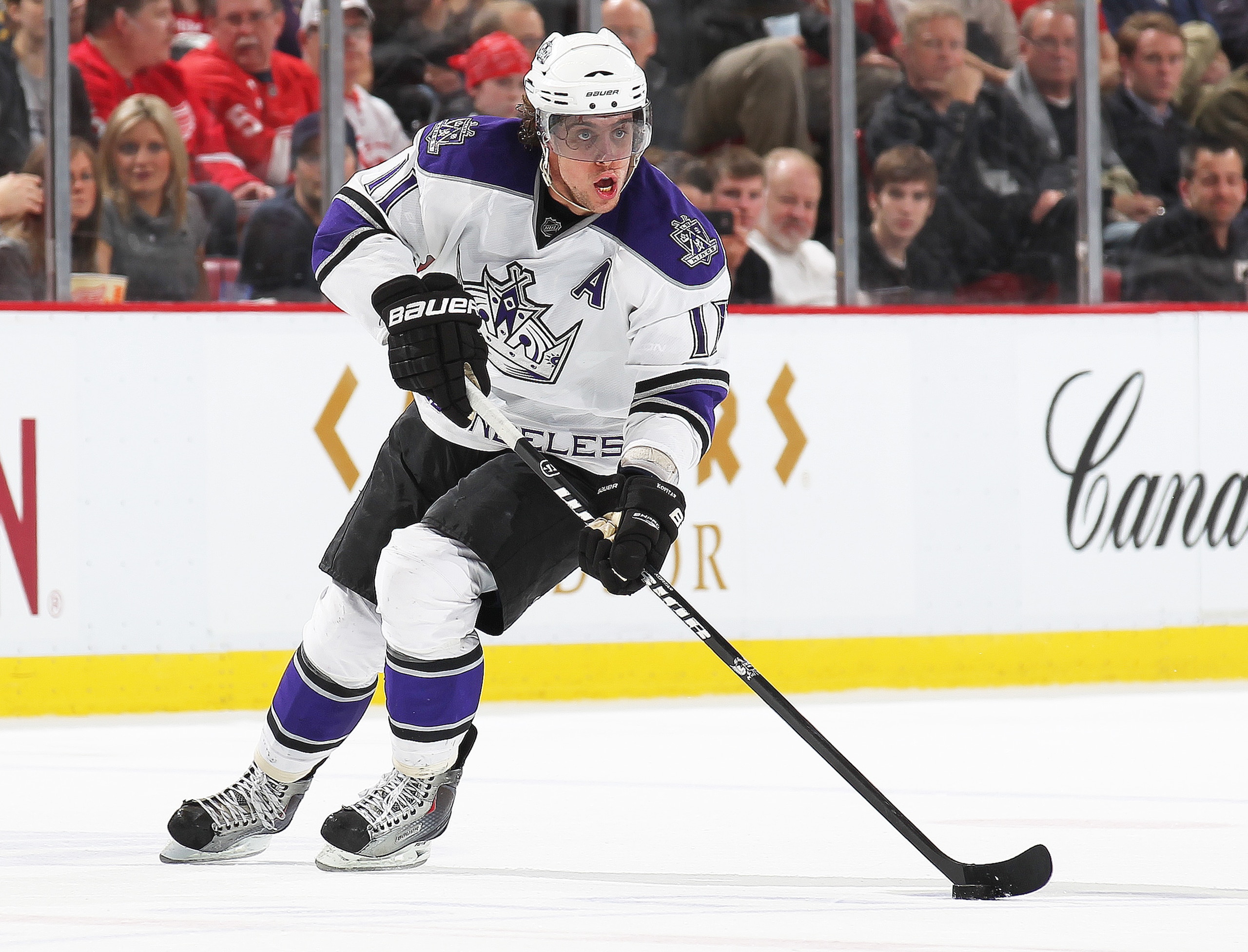 DETROIT, MI - MARCH 9:  Anze Kopitar #11 of the Los Angeles Kings skates with the puck in a game against the Detroit Red Wings on March 9, 2011 at the Joe Louis Arena in Detroit, Michigan. The Kings defeated the Wings 2-1. (Photo by Claus Andersen/Getty I