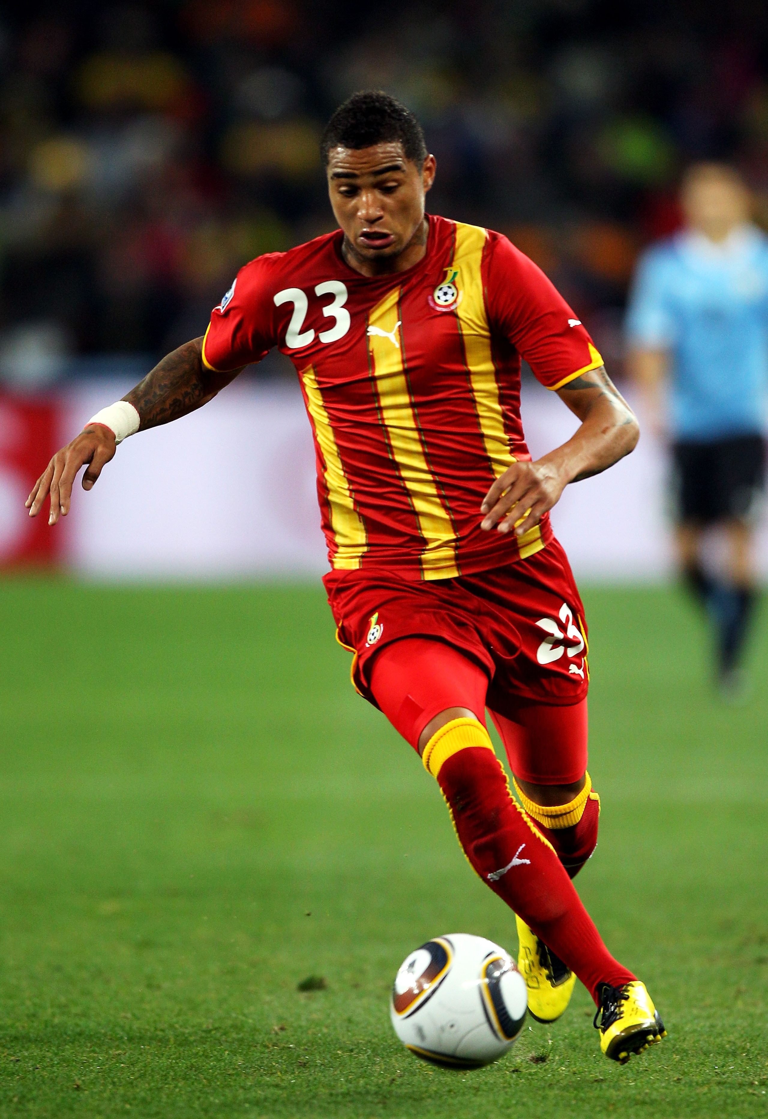 JOHANNESBURG, SOUTH AFRICA - JULY 02: Kevin Prince Boateng of Ghana in action during the 2010 FIFA World Cup South Africa Quarter Final match between Uruguay and Ghana at the Soccer City stadium on July 2, 2010 in Johannesburg, South Africa.  (Photo by Mi