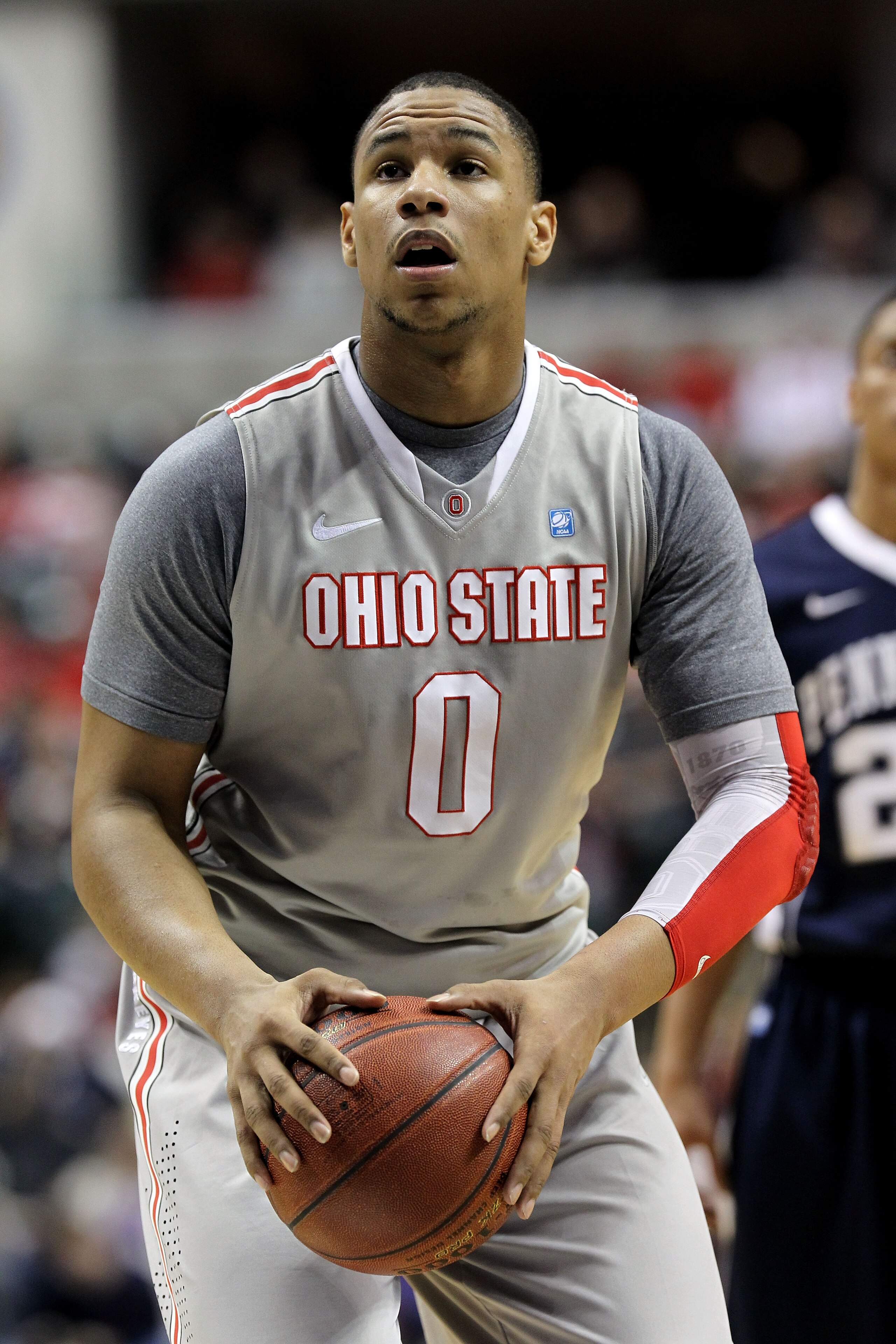 INDIANAPOLIS, IN - MARCH 13:  Jared Sullinger #0 of the Ohio State Buckeyes gets set to attempt a free throw against the Penn State Nittany Lions during the championship game of the 2011 Big Ten Men's Basketball Tournament at Conseco Fieldhouse on March 1