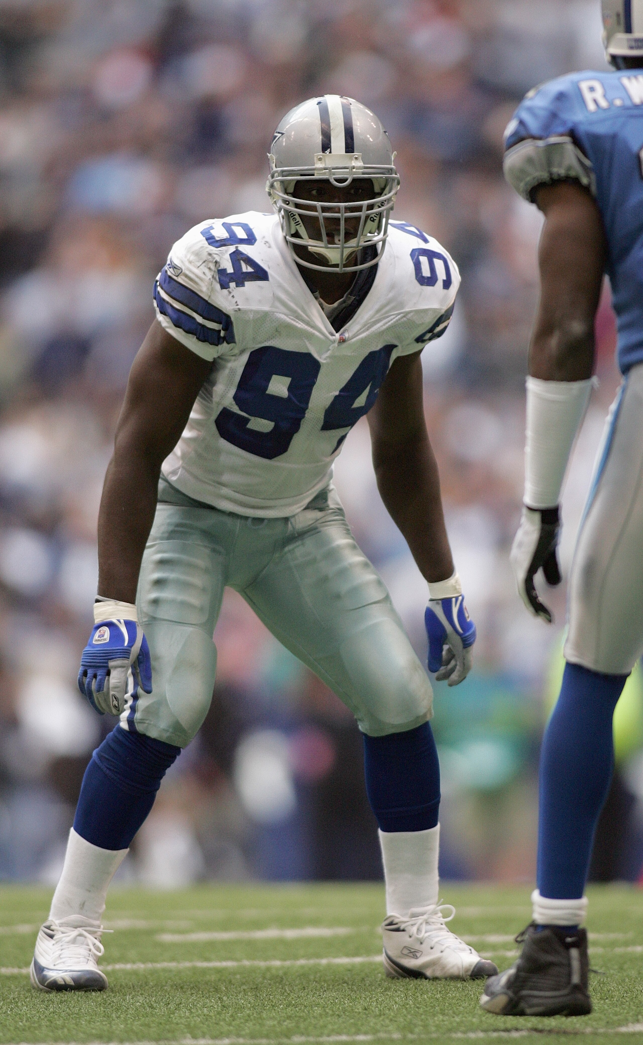 IRVING, TX - NOVEMBER 20:  DeMarcus Ware #94 of the Dallas Cowboys lines up at scrimmage against the Detroit Lions during their game on November 20, 2005 at Texas Stadium in Irving, Texas.  The Cowboys defeated the Lions 20-7.  (Photo by Ronald Martinez/G