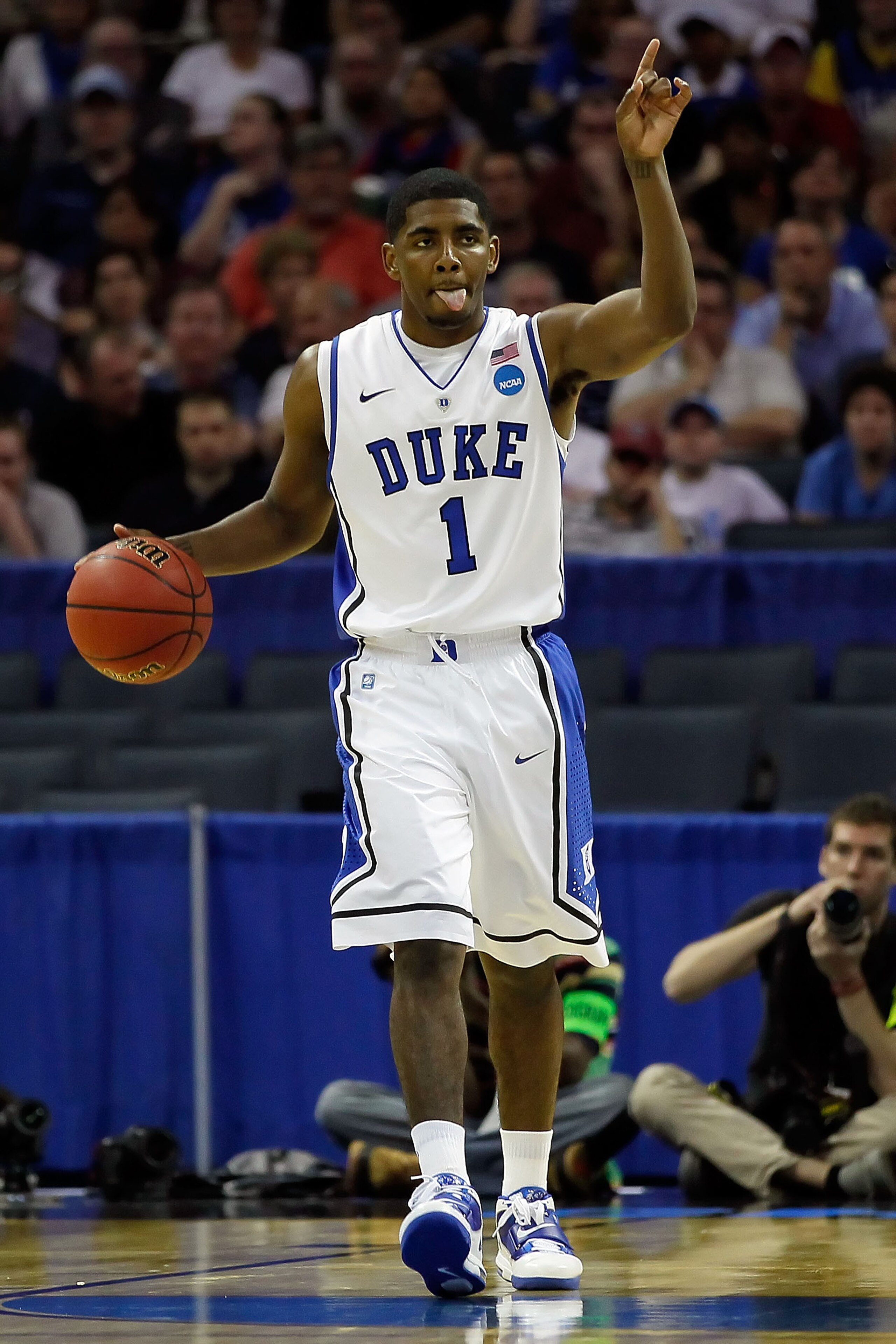 CHARLOTTE, NC - MARCH 18:  Kyrie Irving #1 of the Duke Blue Devils calls a play in the first half while taking on the Hampton Pirates during the second round of the 2011 NCAA men's basketball tournament at Time Warner Cable Arena on March 18, 2011 in Char