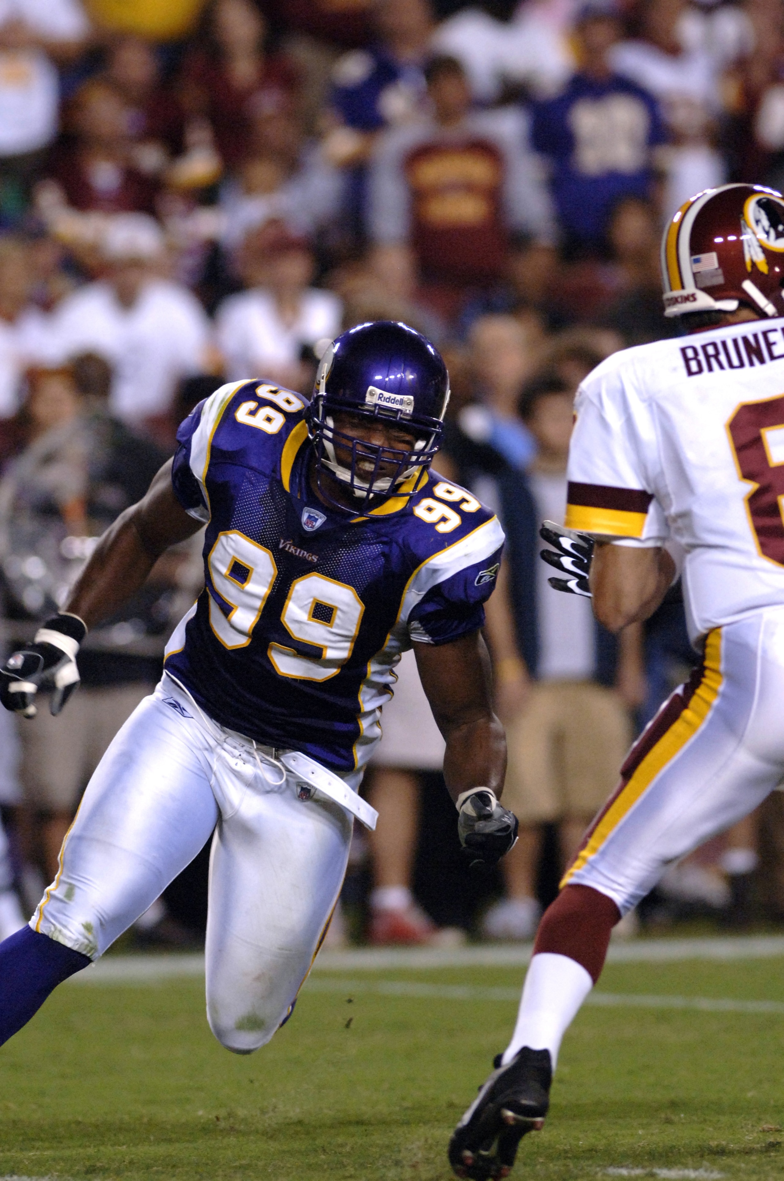 Minnesota Vikings  defensive end Erasmus James rushes the pocket  against the Washington Redskins on ESPN Monday Night Football September 11, 2006 in Washington.  The Vikings won 19 - 16.  (Photo by Al Messerschmidt/Getty Images)