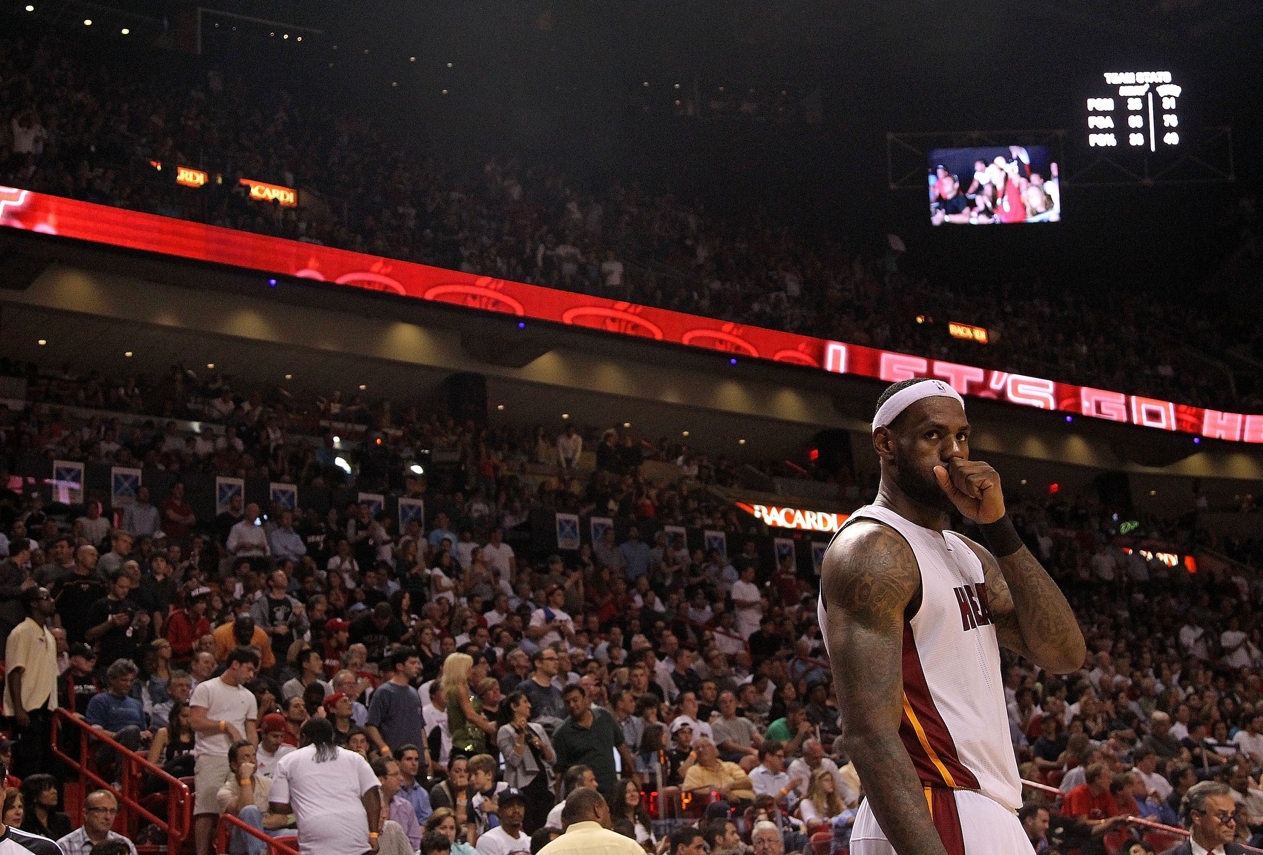 MIAMI, FL - MARCH 16: LeBron James #6 of the Miami Heat looks on during a game against the Oklahoma City Thunder at American Airlines Arena on March 16, 2011 in Miami, Florida. NOTE TO USER: User expressly acknowledges and agrees that, by downloading and/