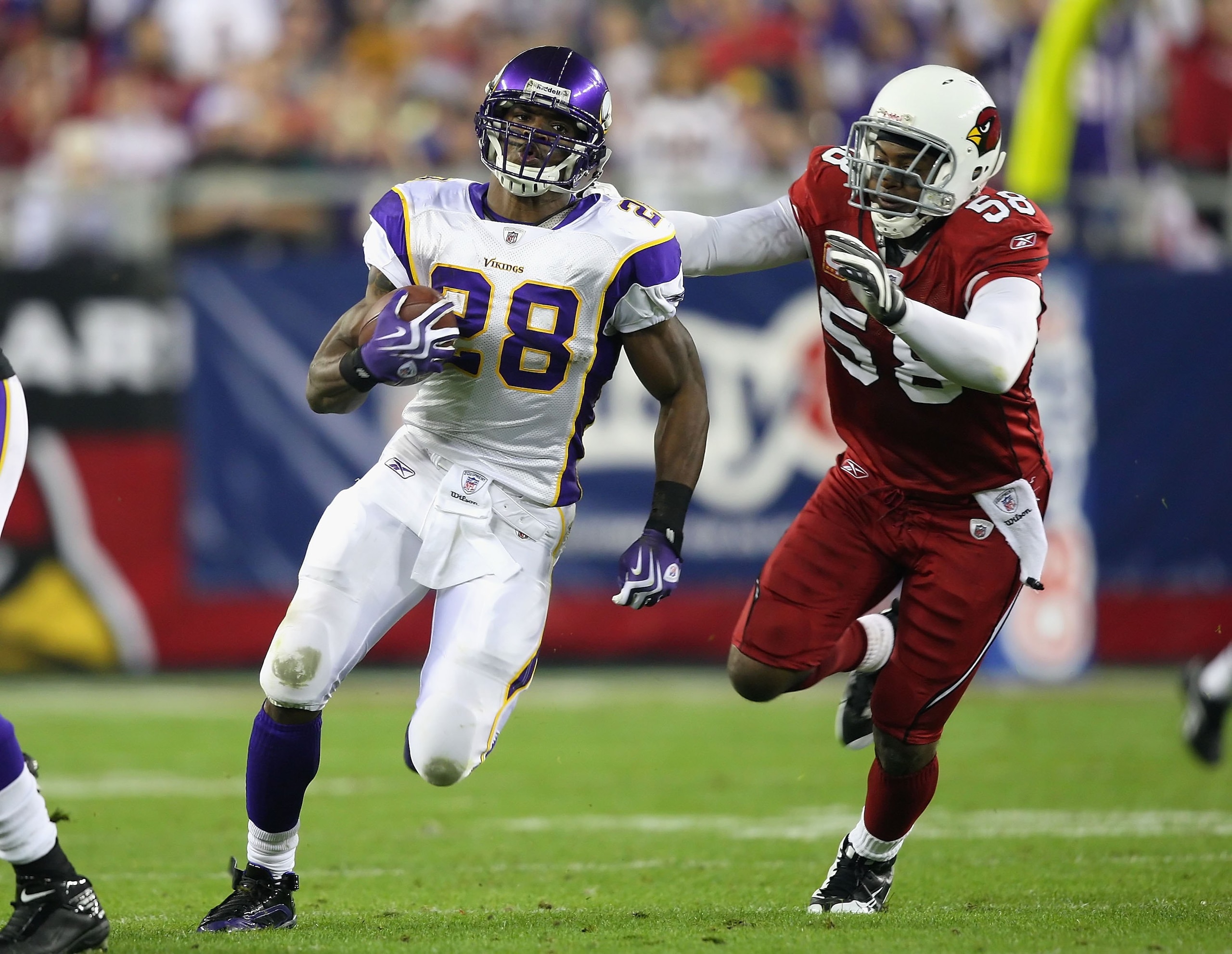 GLENDALE, AZ - DECEMBER 06:  Runningback Adrian Peterson #28 of the Minnesota Vikings runs with the ball past Karlos Dansby #58 of the Arizona Cardinals during the NFL game at the Universtity of Phoenix Stadium on December 6, 2009 in Glendale, Arizona.  T